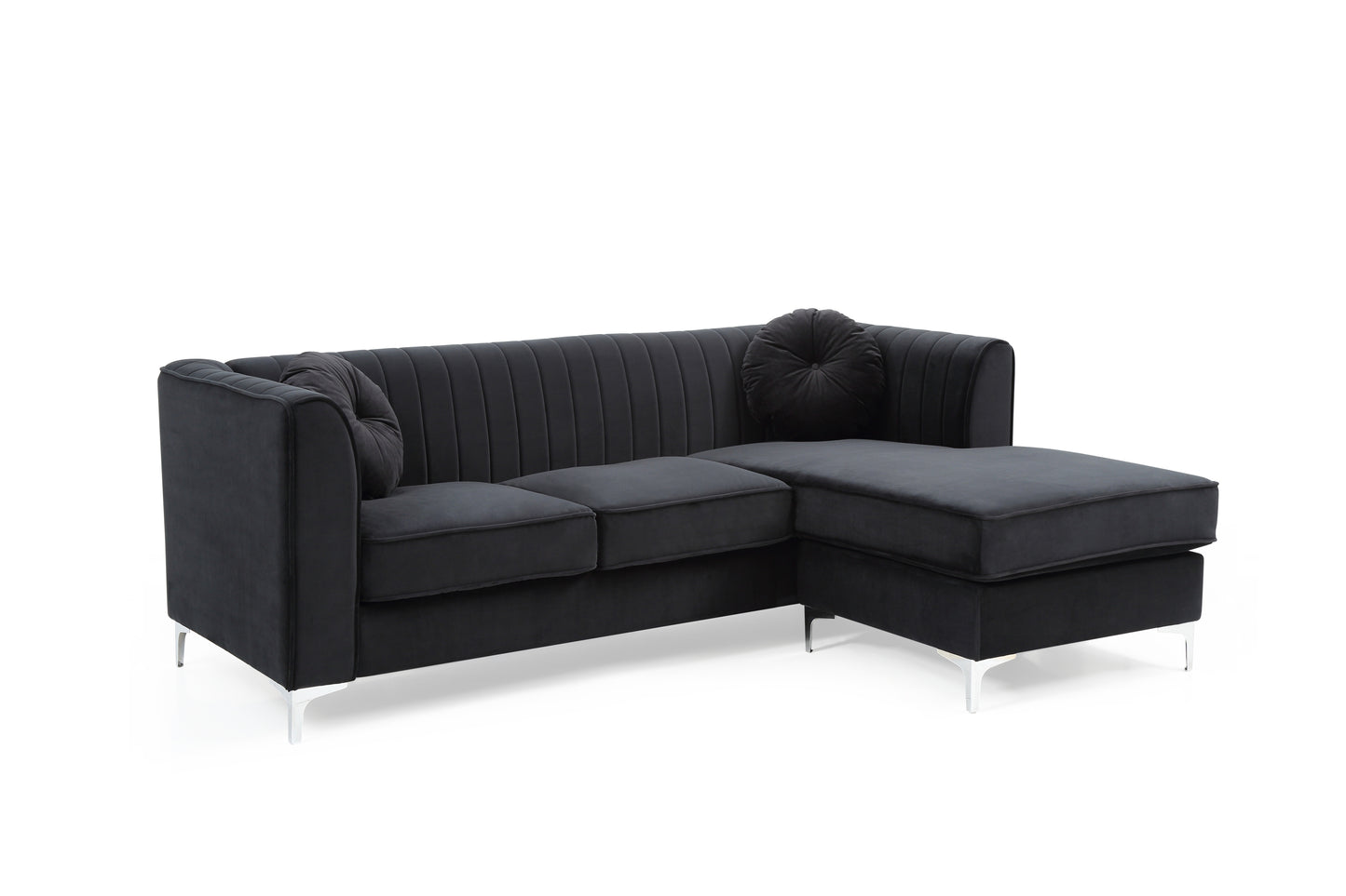 Delray Luxury Velvet Sofa Chaise - Black with Glam Style