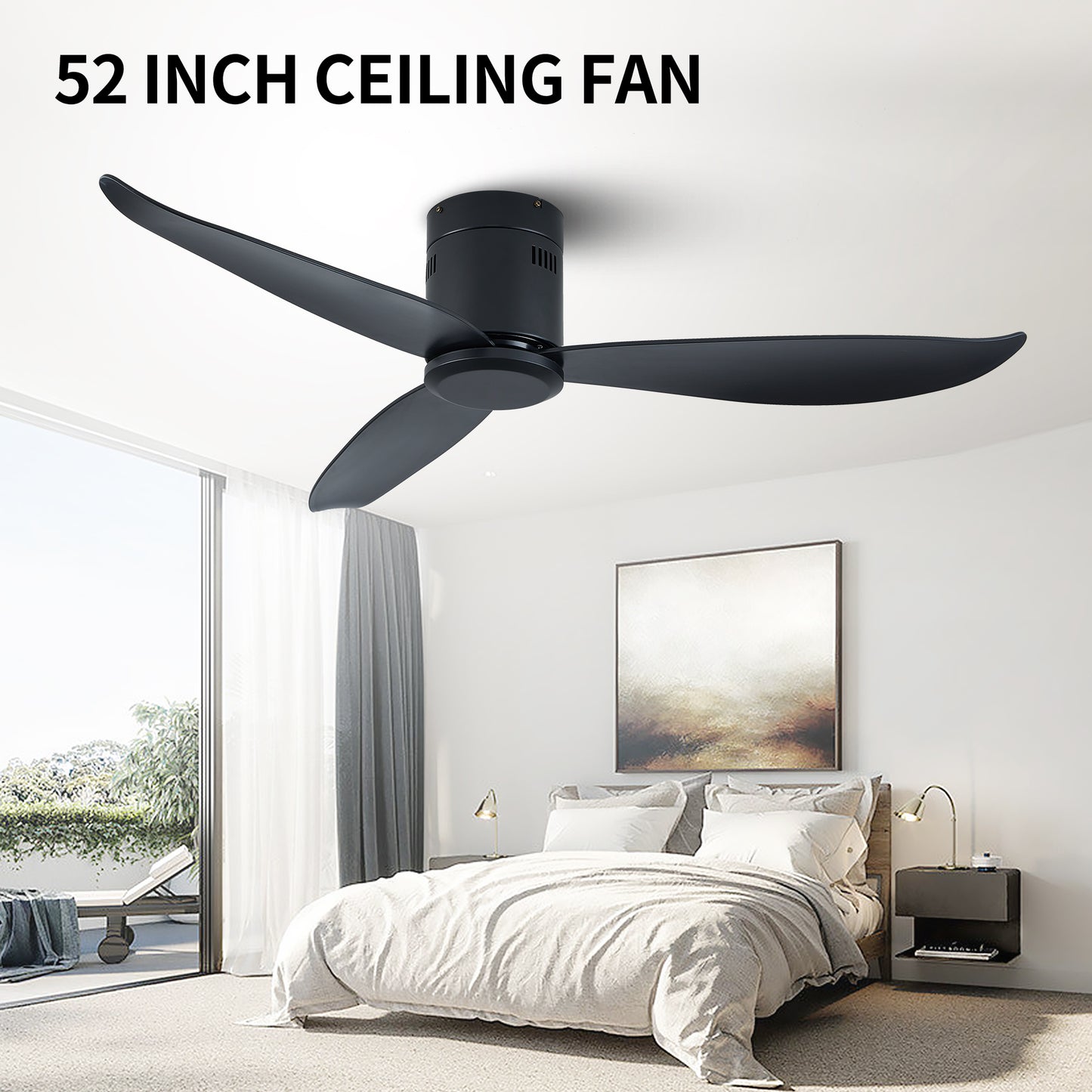 52 Black Flush Mount Ceiling Fan without Lights