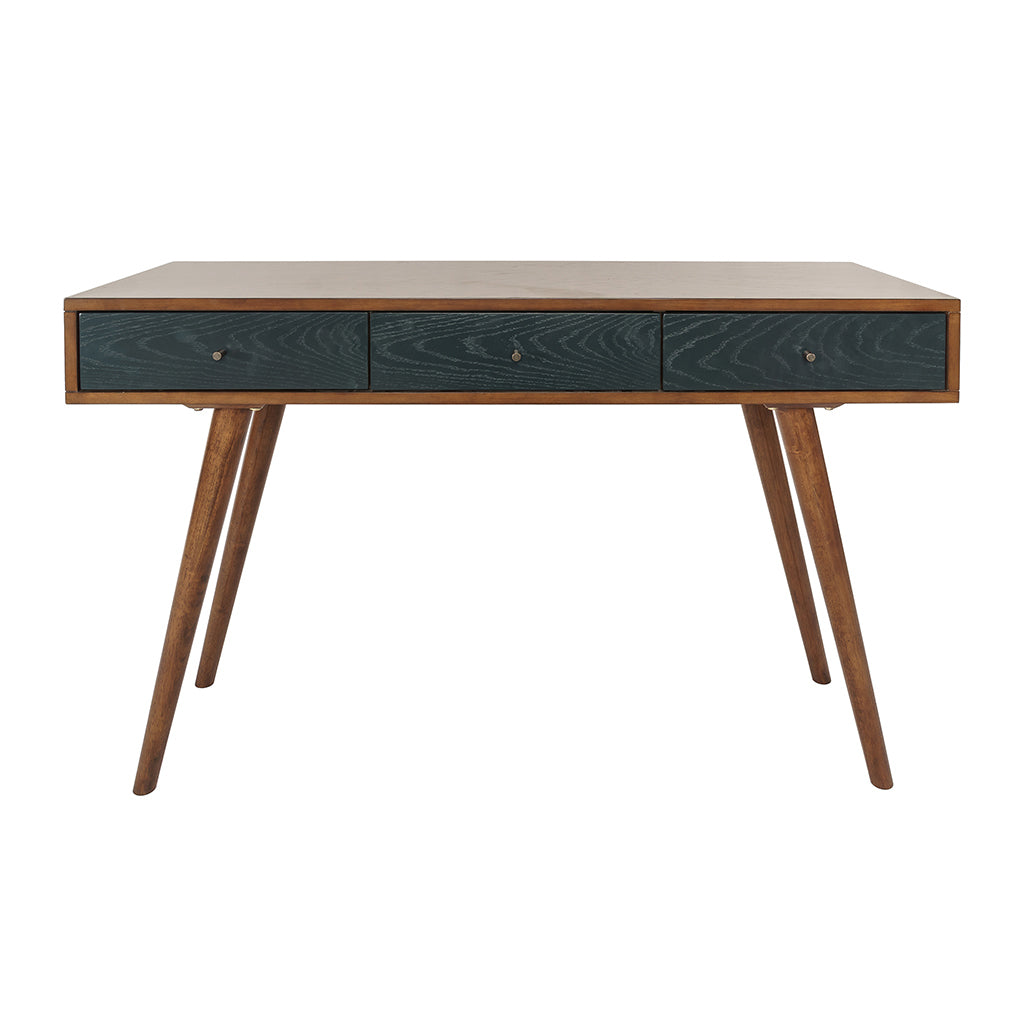 Transitional 3 Drawer Writing Desk in Pecan Finish with Navy Accents