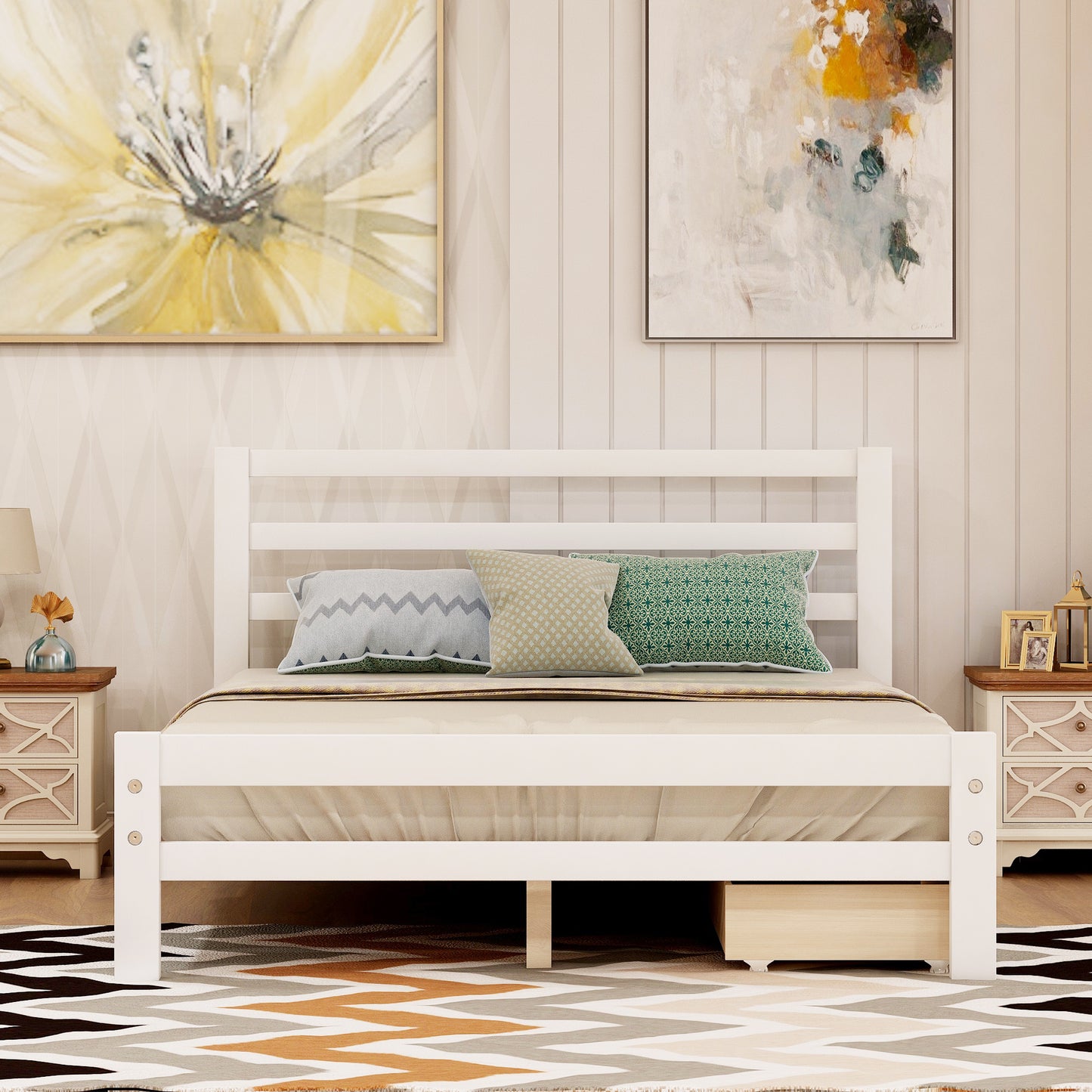 Wood platform bed with two drawers, full (white)