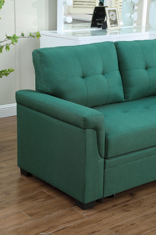 Lucca Emerald Linen Reversible Sleeper Sectional Sofa with Storage Chaise