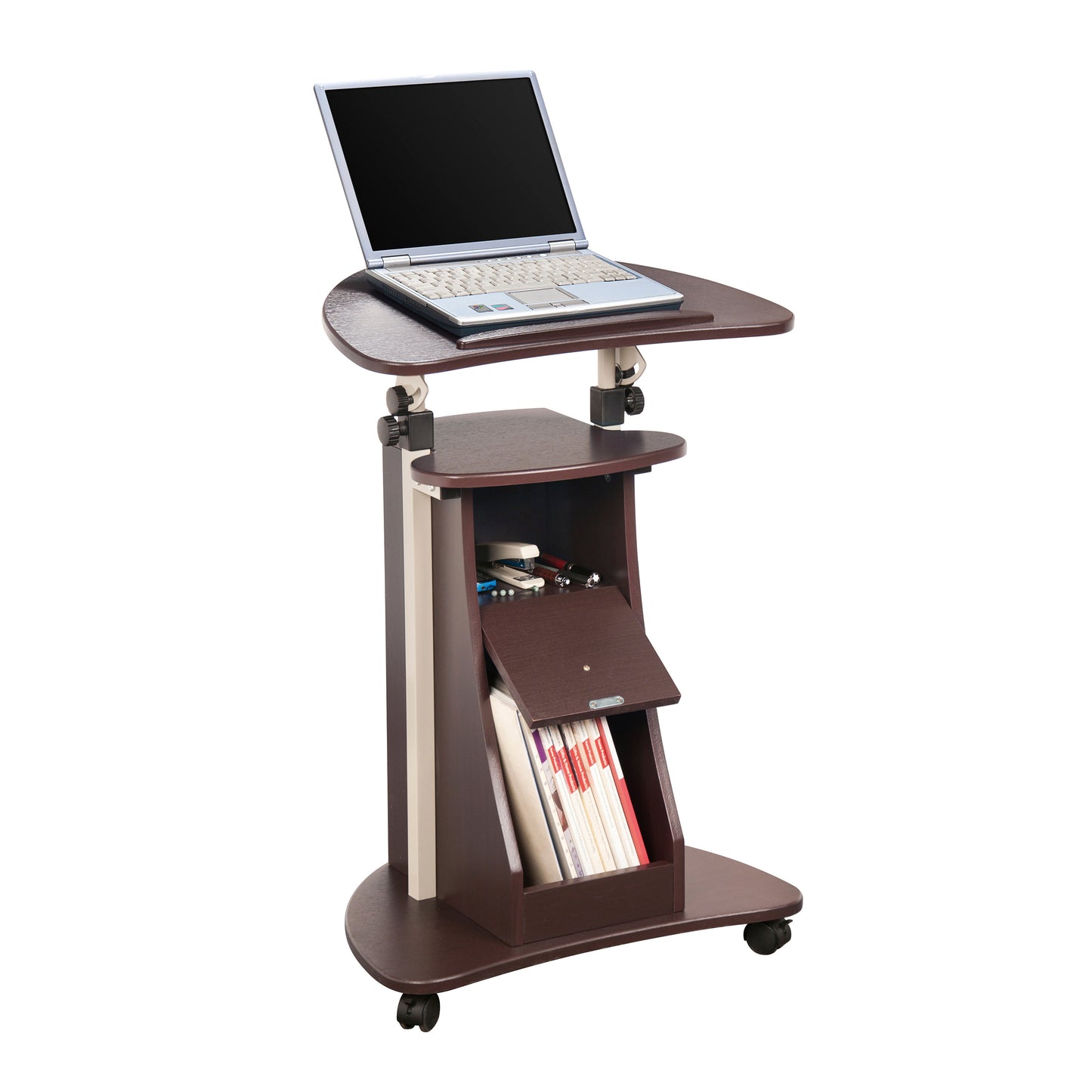 Sit-to-Stand Laptop Cart with Adjustable Height and Storage in Chocolate Finish