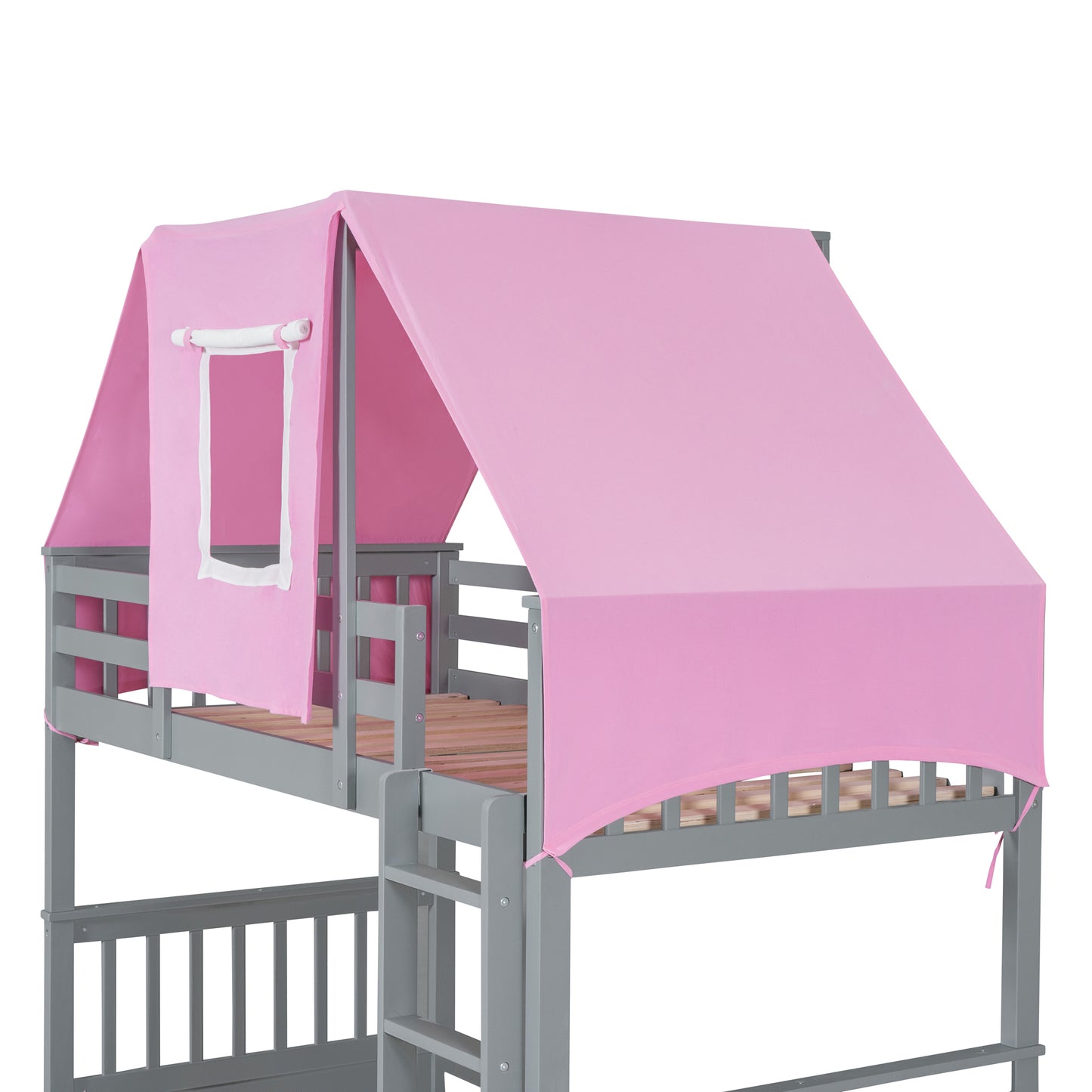 Gray and Pink Twin Over Twin Bunk Bed with Tent and Drawers for a Playful Bedroom Environment