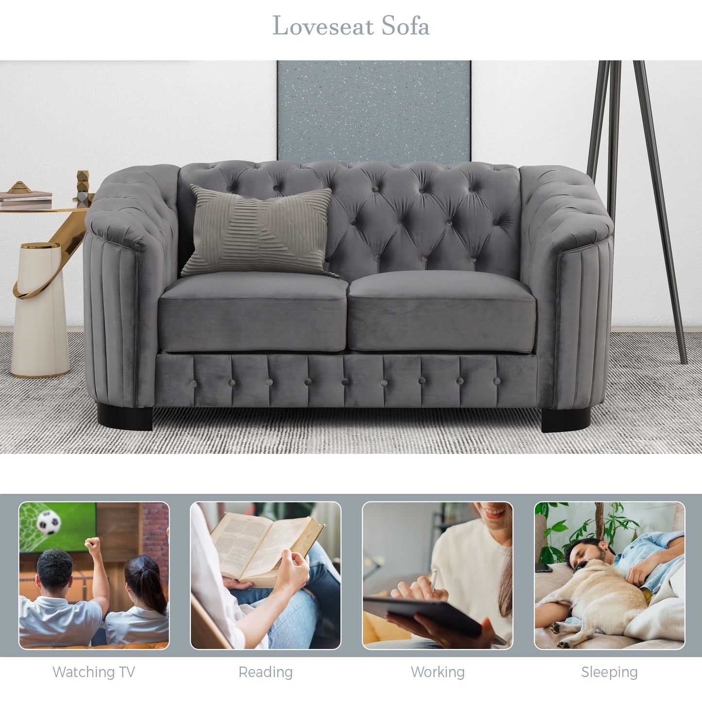 Modern Gray Velvet Loveseat Sofa with Removable Seat Cushion