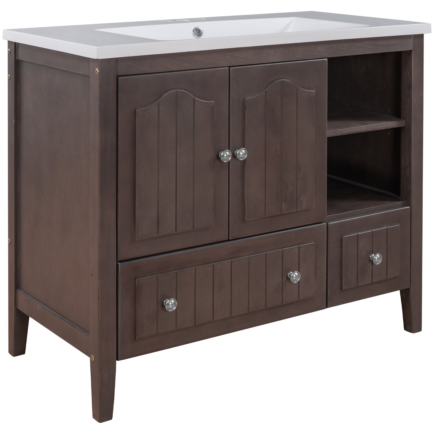 36" Bathroom Vanity with Ceramic Basin, Bathroom Storage Cabinet with Two Doors and Drawers, Solid Frame, Metal Handles, Brown