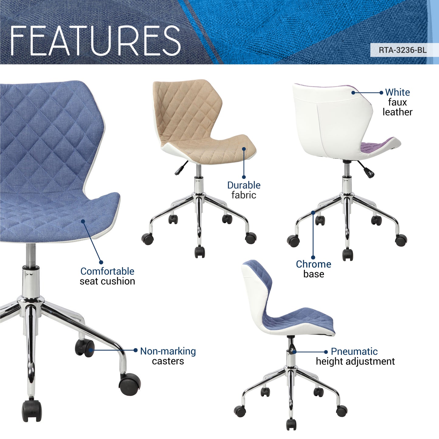 Modern Height Adjustable Office Task Chair, Blue