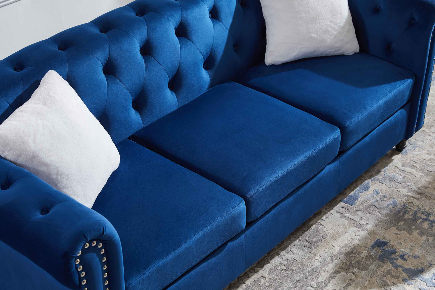 Sofa chair, with button and copper nail on arms and back, one white villose pillow, velvet Blue (38"x34.5"x30")