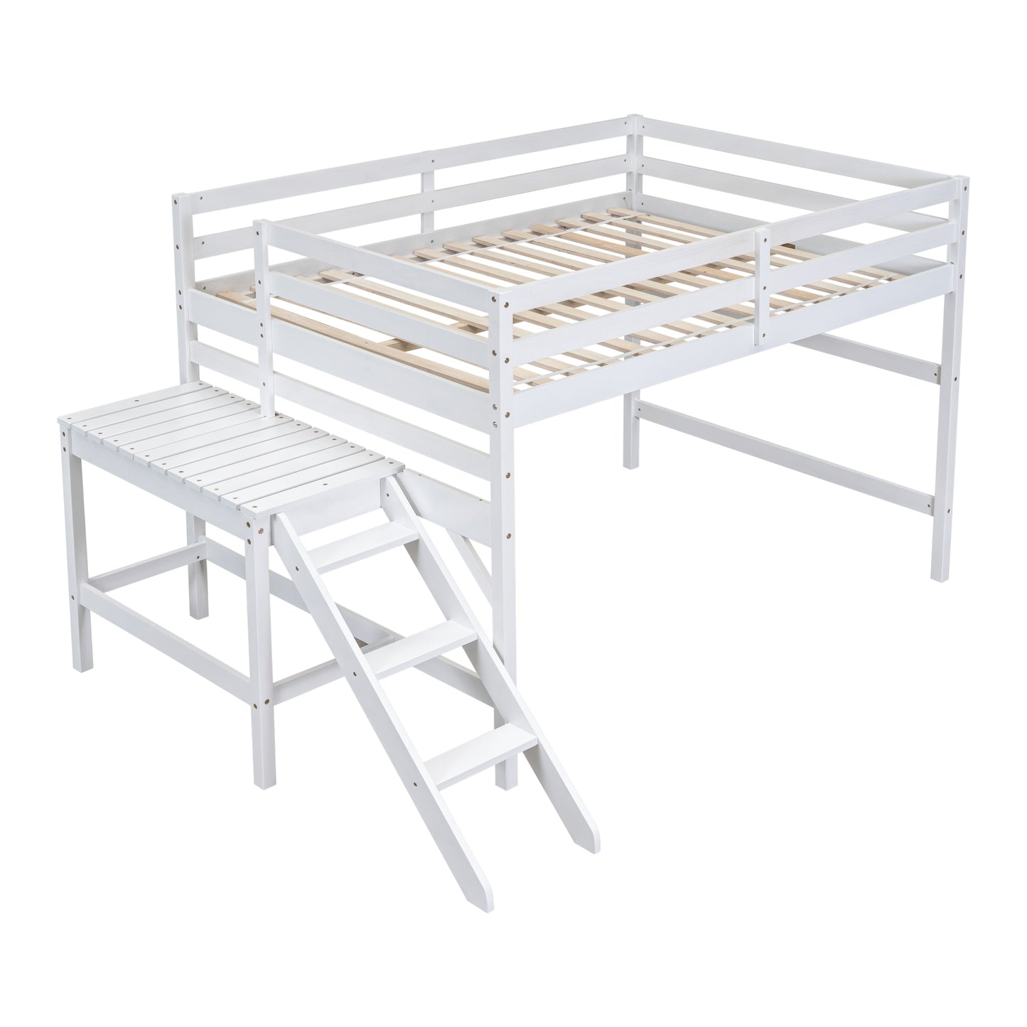 Full Loft Bed with Platform,ladder,White