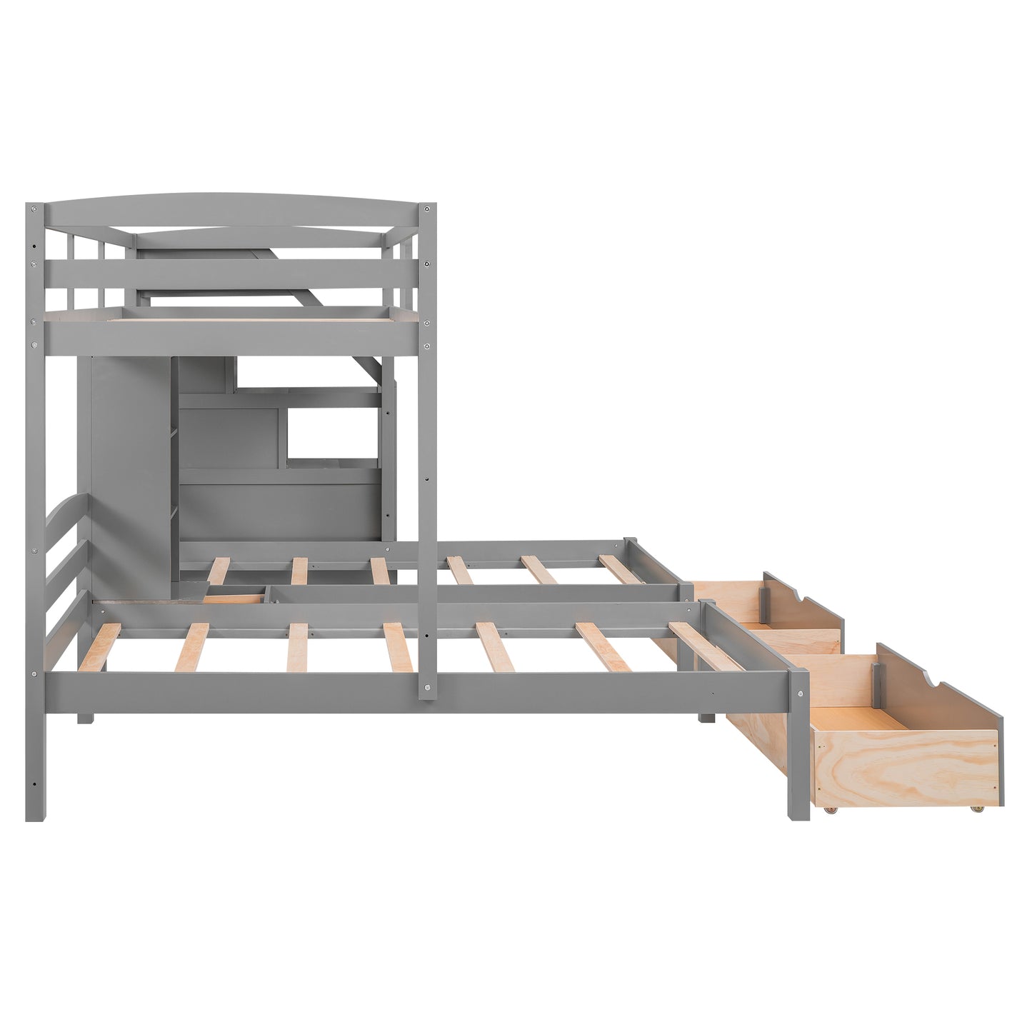 Gray Triple Bunk Bed with Storage Drawers, Staircase, and Built-in Shelves