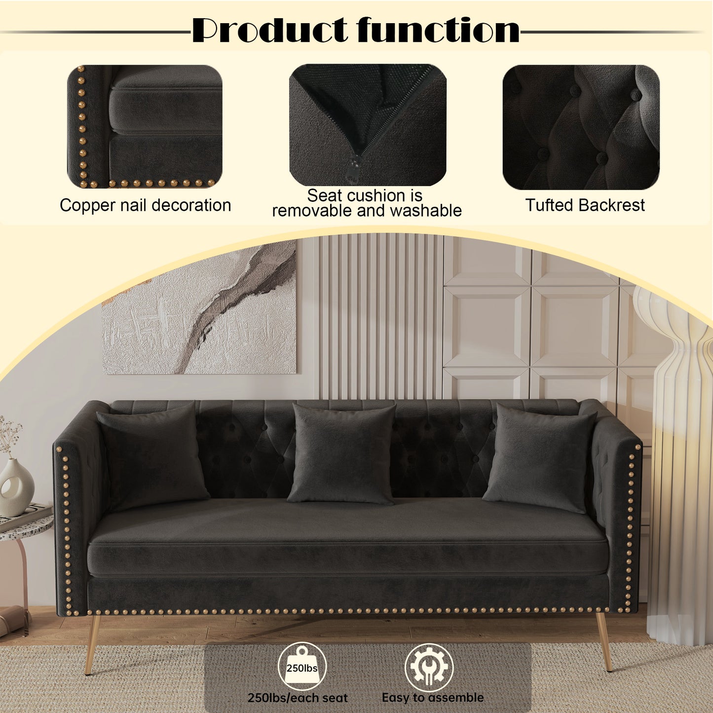 Modern Flat Armrest Living Room Sofa Black Three Seat Sofa With Two Throw Pillows