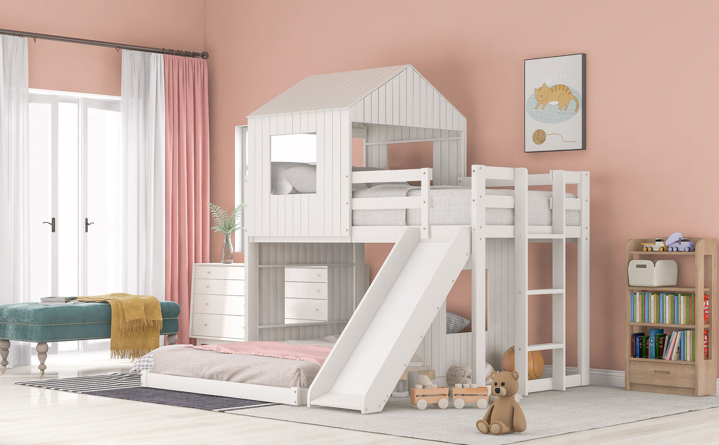 White Wooden Bunk Bed with Playhouse and Slide - Farmhouse Style