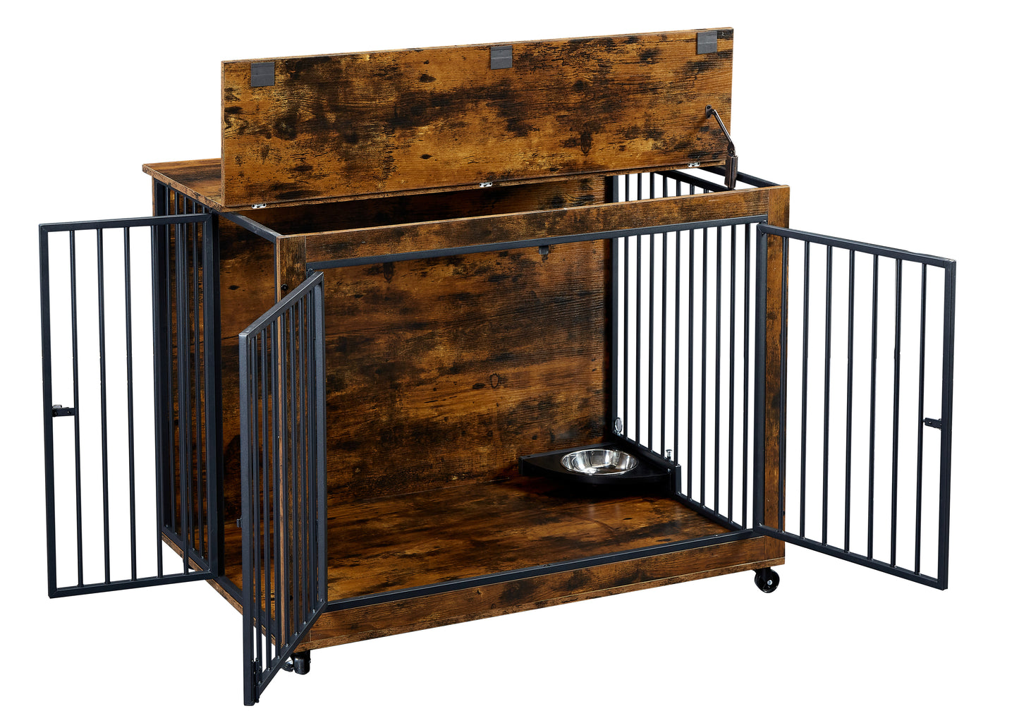 Furniture Style Dog Crate Side Table With Rotatable Feeding Bowl, Wheels, Three Doors, Flip-Up Top Opening. Indoor, Rustic Brown, 43.7"W x 30"D x 33.7"H