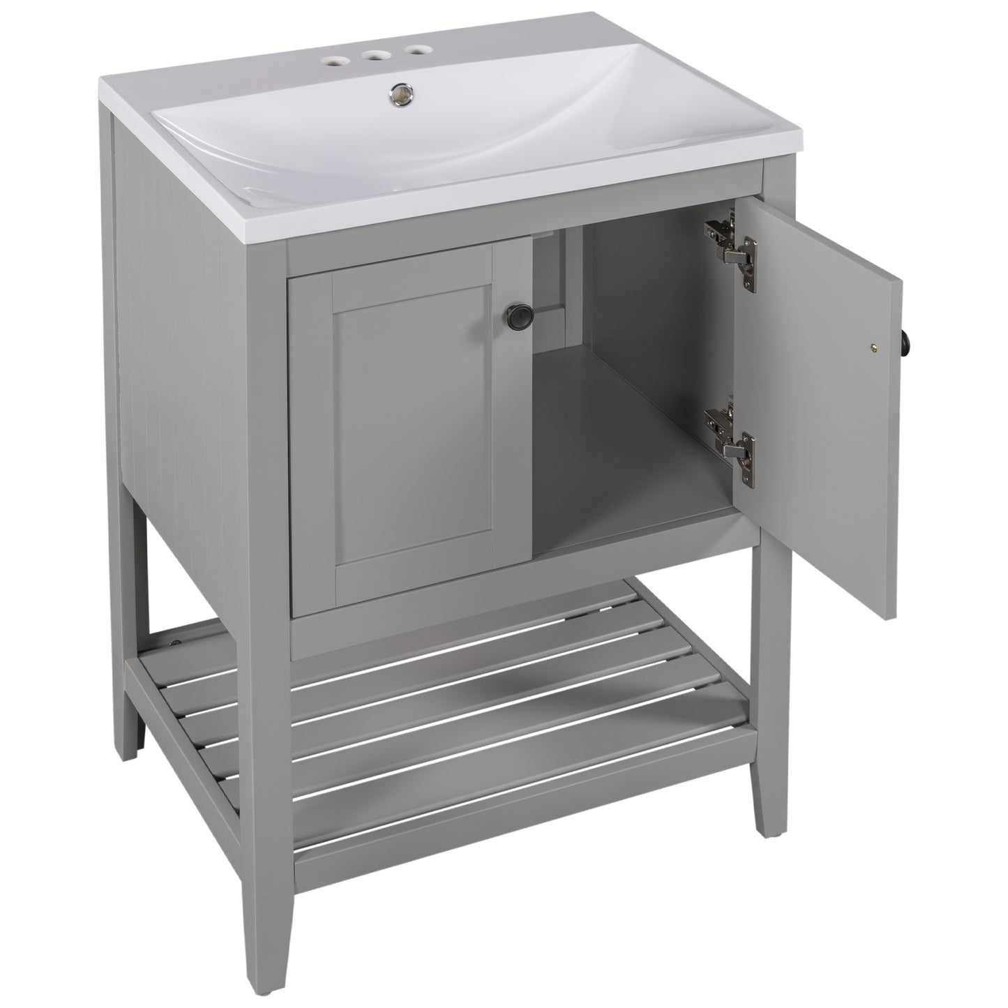 24" Grey Modern Sleek Bathroom Vanity Elegant Ceramic Sink with Solid Wood Frame Open Style Shelf