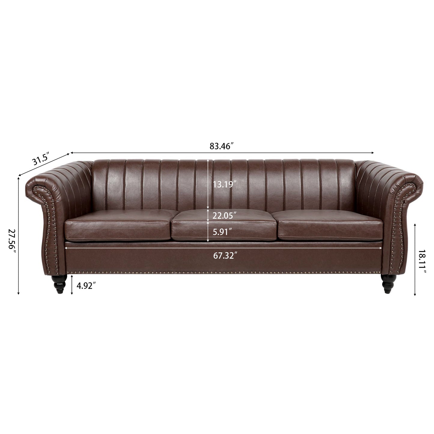 Luxurious Brown PU Rolled Arm Chesterfield Three Seater Sofa - 83.46''