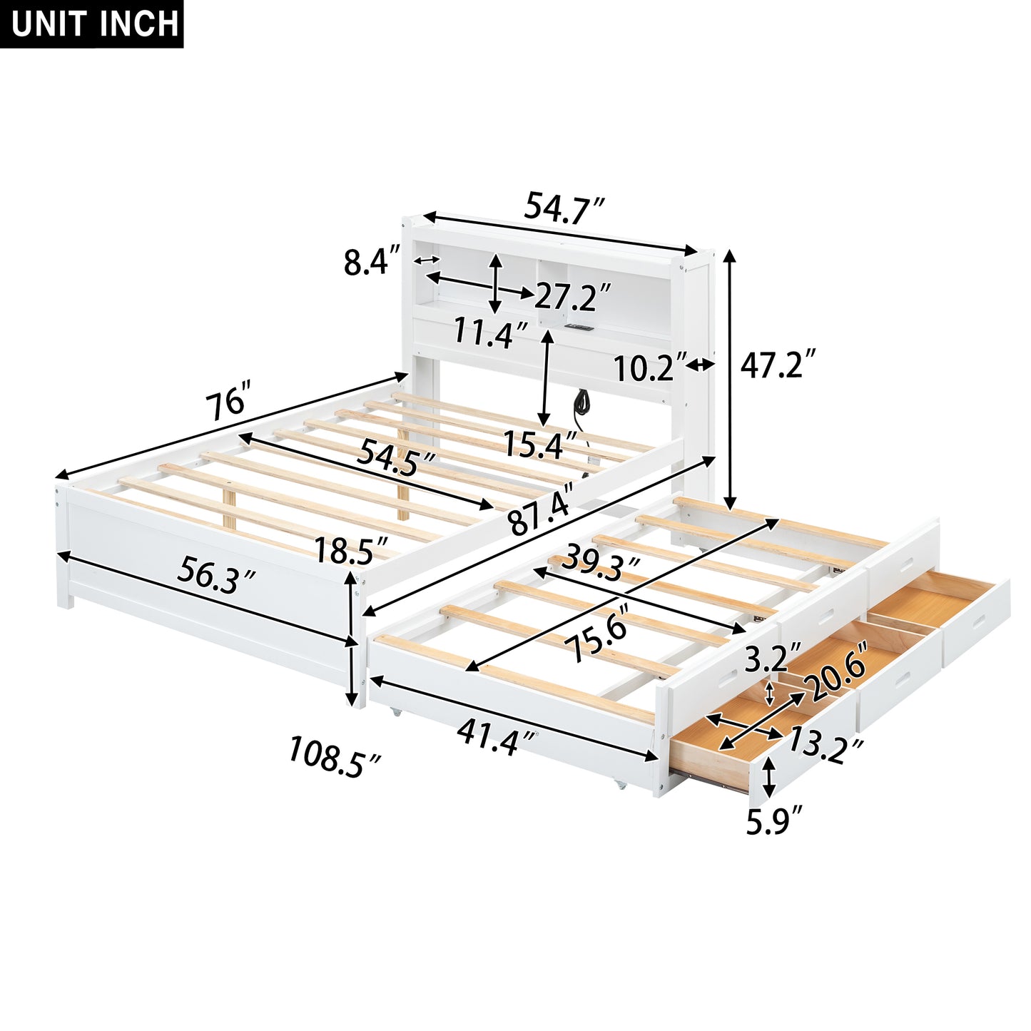 Full Size platform bed with trundle, drawers and USB plugs, White