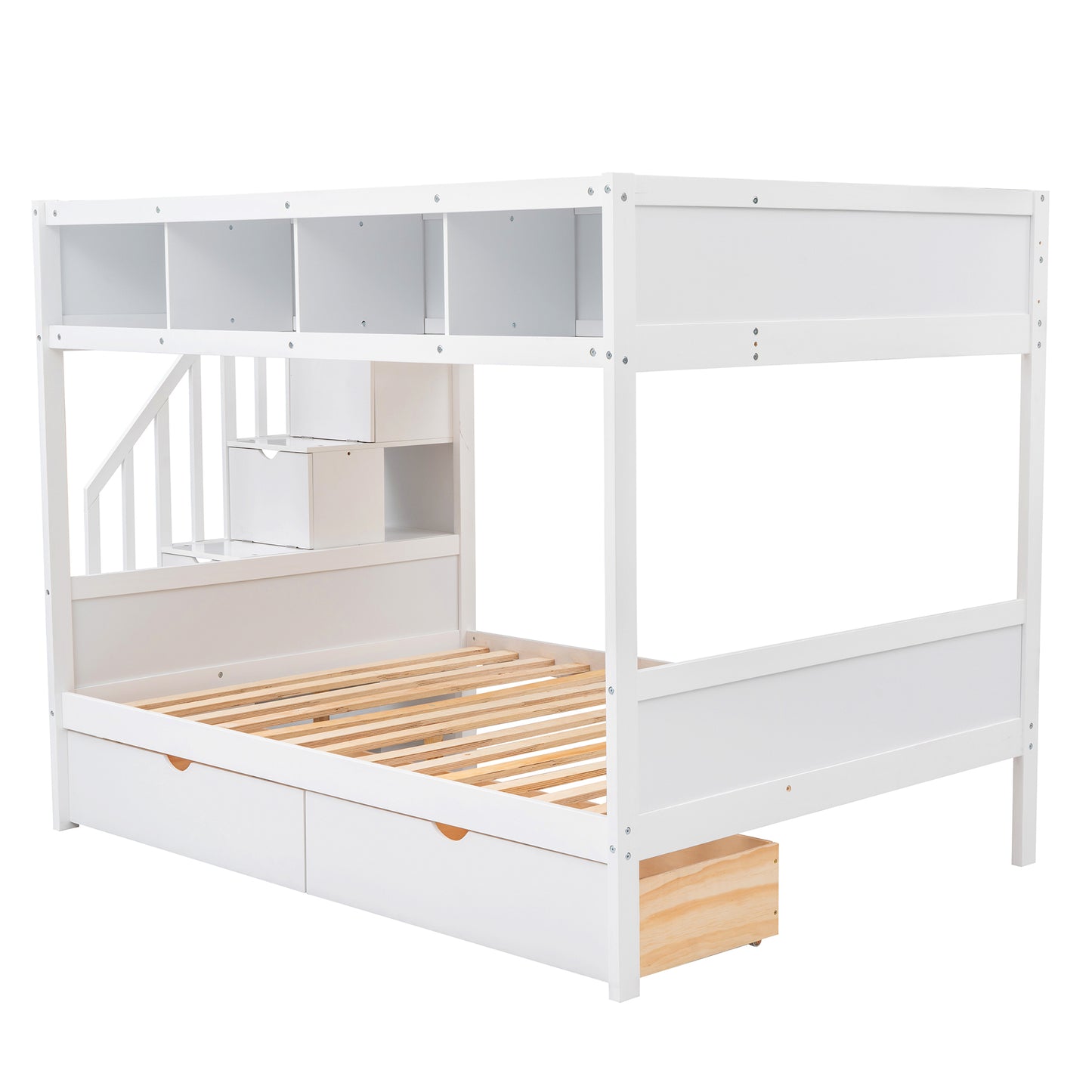 Versatile White Bunk Bed with Shelves, Storage Staircase, and Drawers