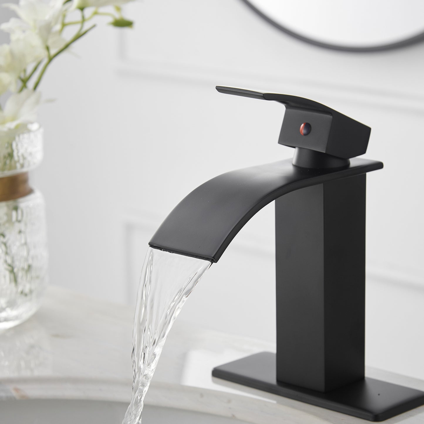 Matte Black Single-Handle Waterfall Bathroom Faucet with Supply Line - Low-Arc