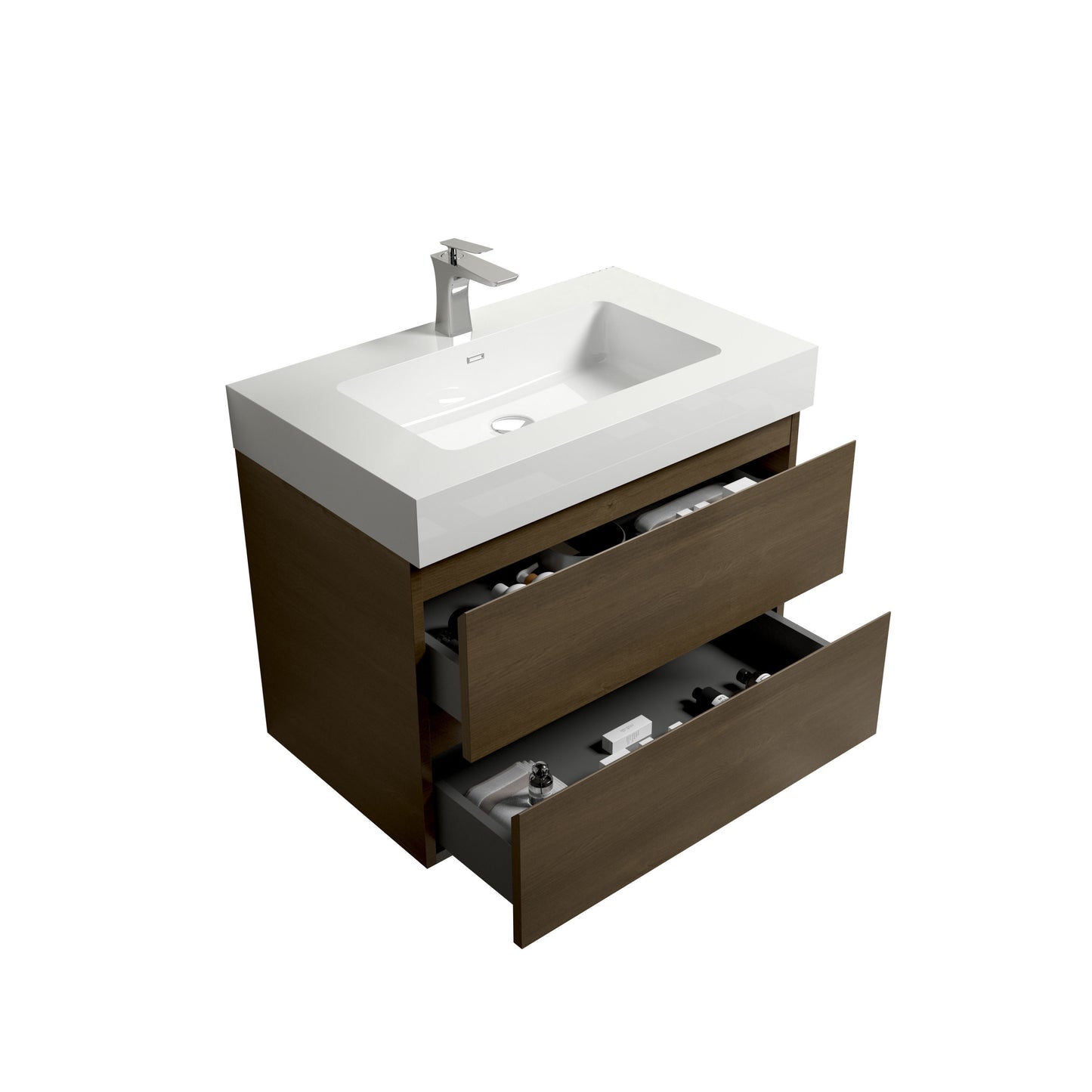 Alice-30W-111,Wall mount cabinet WITHOUT basin,Dark oak color,With two drawers