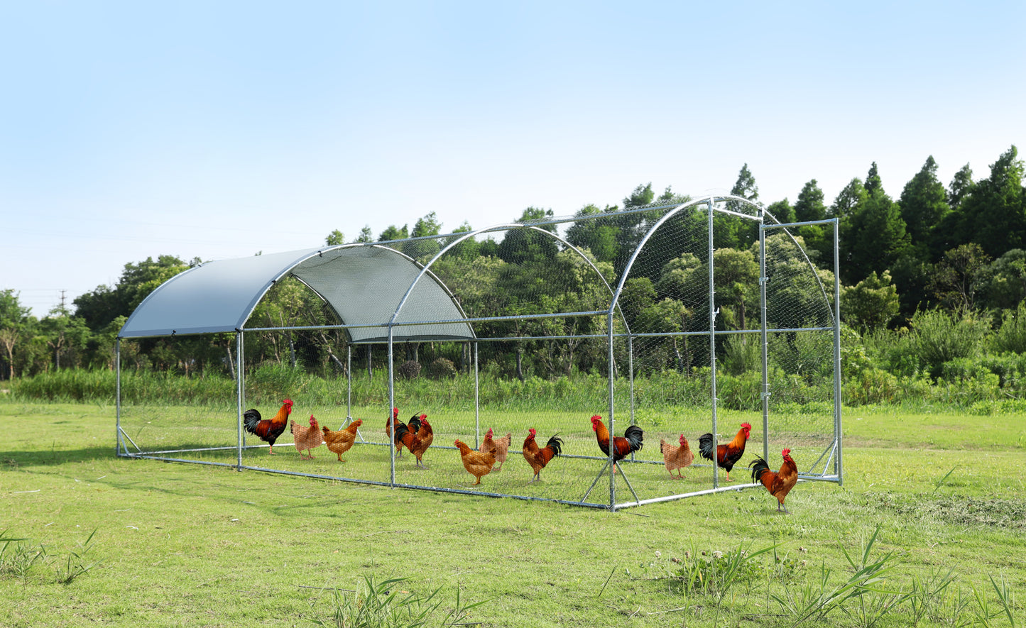 Large metal chicken coop upgrade three support steel wire impregnated plastic net cage, Oxford cloth silver plated waterproof UV protection, duck rabbit sheep bird outdoor house 9.2'W x 18.7'L x 6.5'H