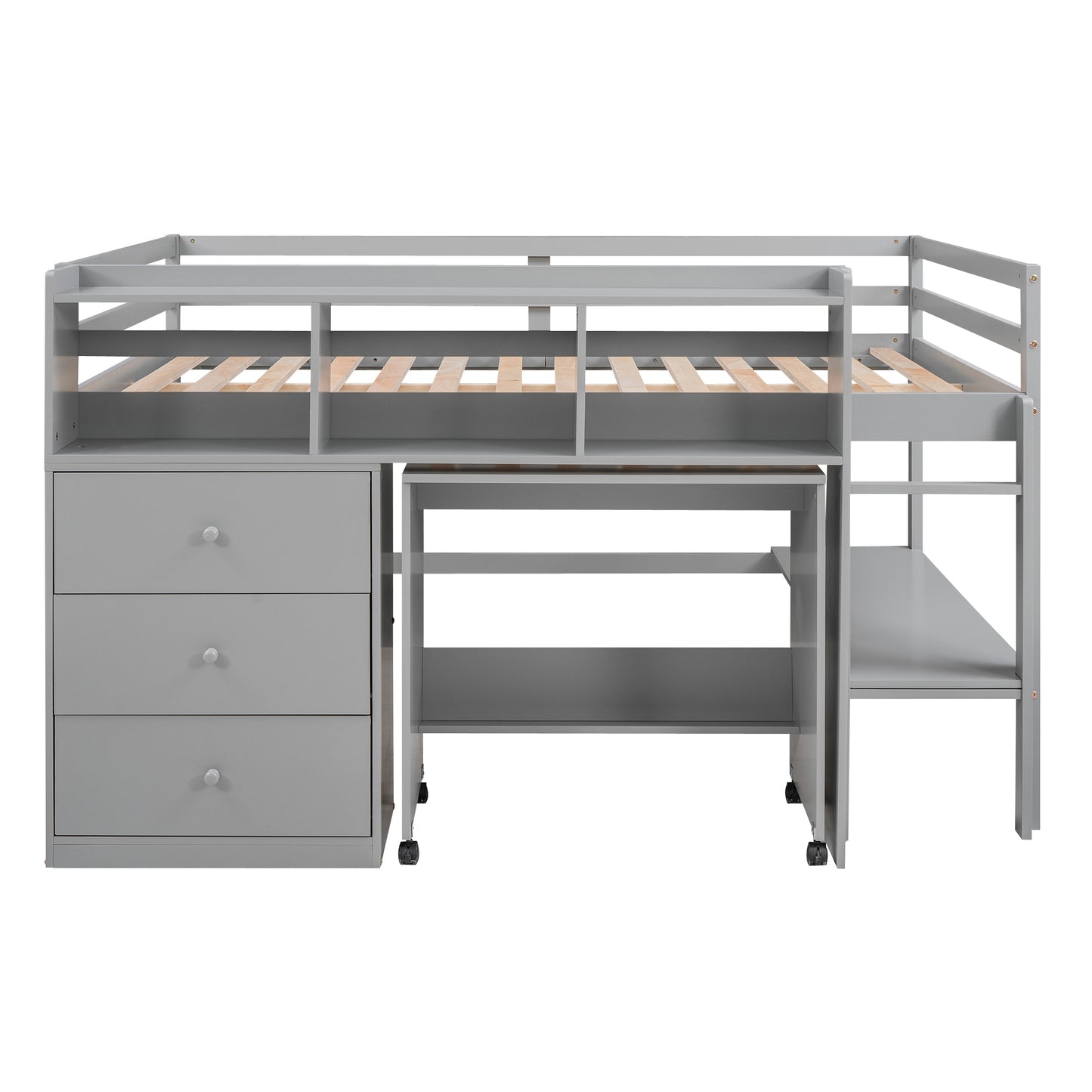 Full Size Low Loft Bed with Rolling Portable Desk, Drawers and Shelves, Gray(: GX000711AAE)