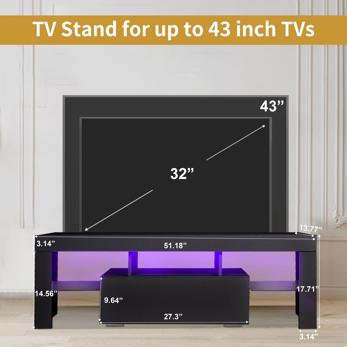 Sleek LED TV Stand with Drawer, Color-Changing Lights, and Modern Design