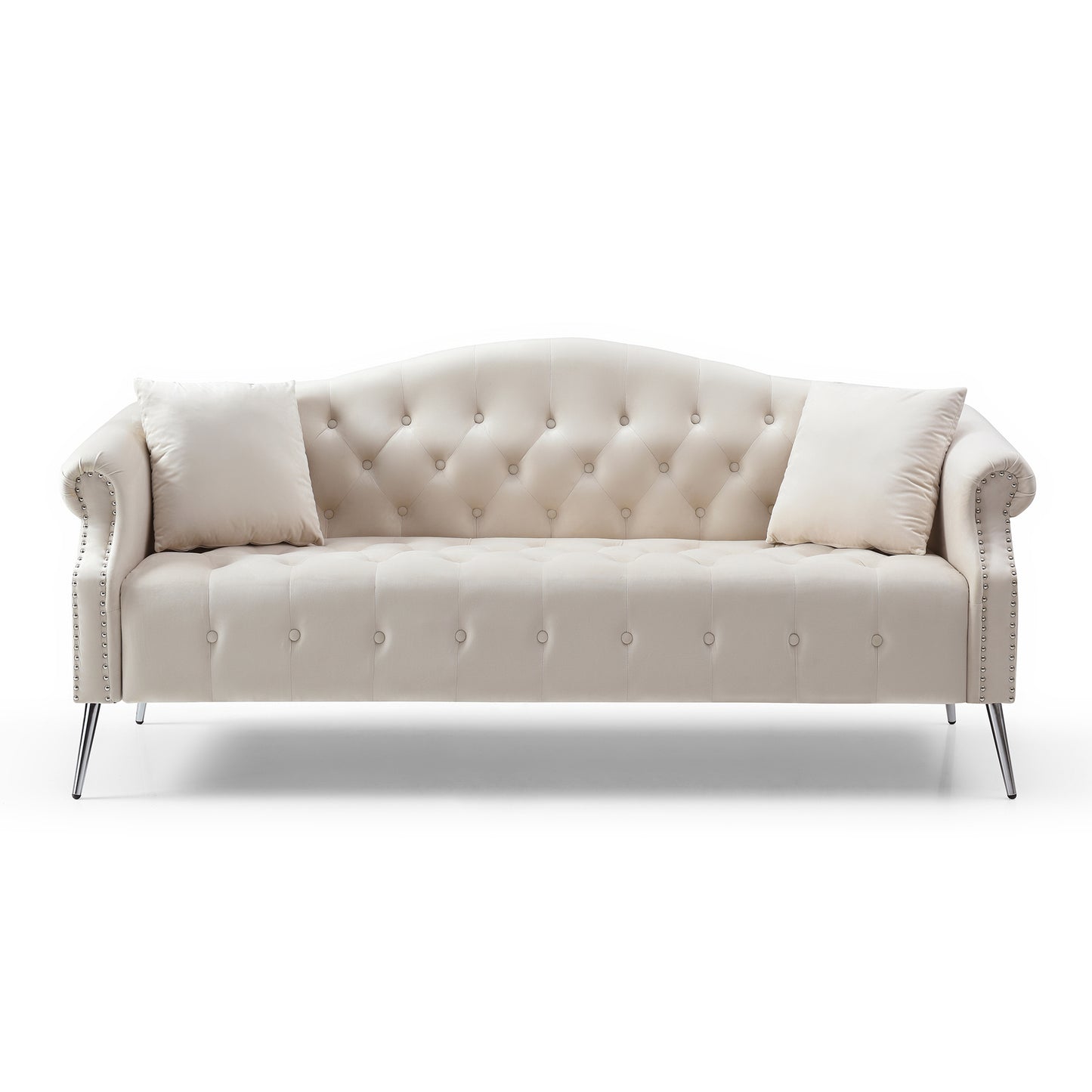 78.7 Classic Chesterfield Velvet Sofa with Silver Metal Legs and Pillows