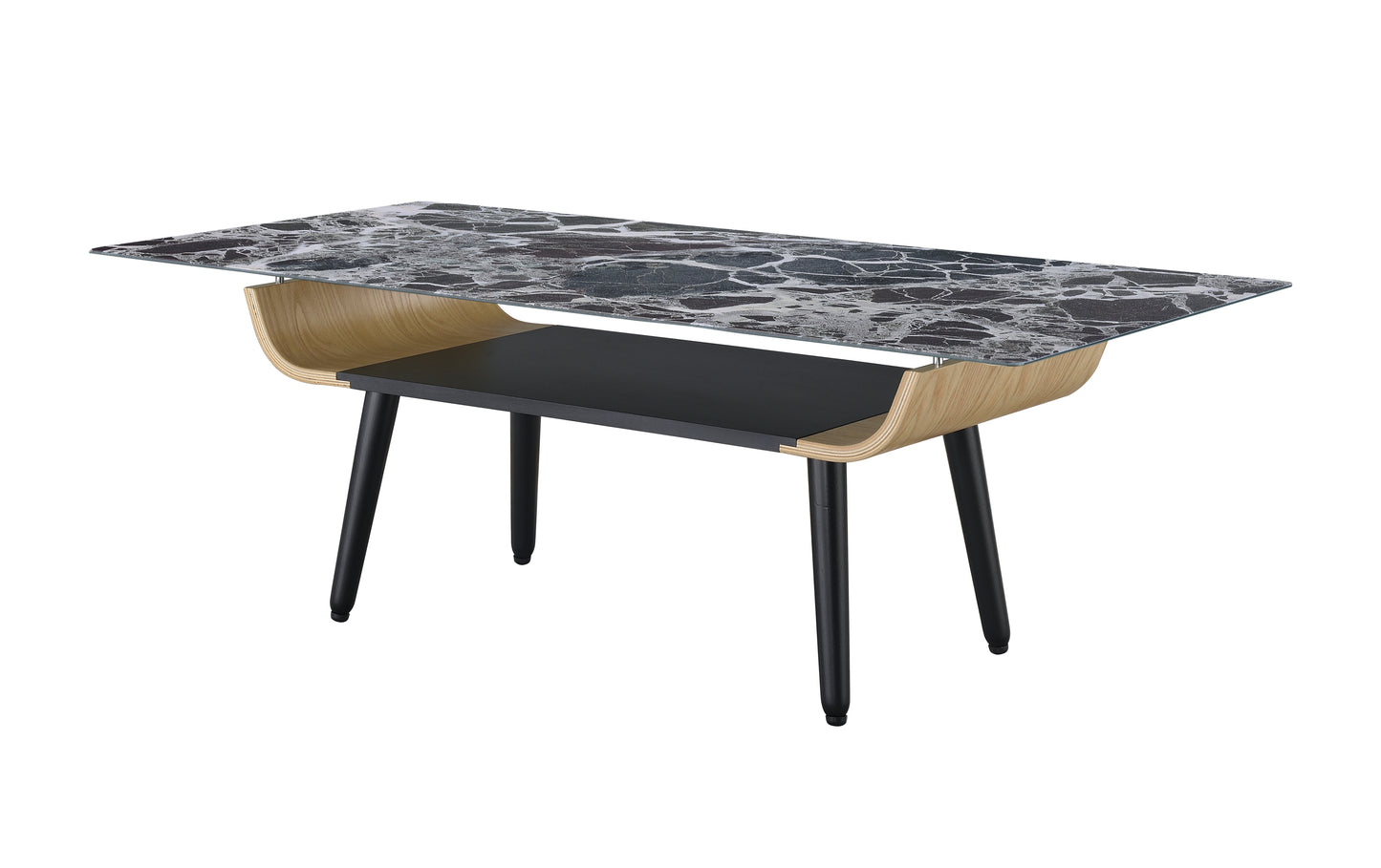 Landon Glass Top Coffee Table with Black Marble Texture and Bent Wood Design