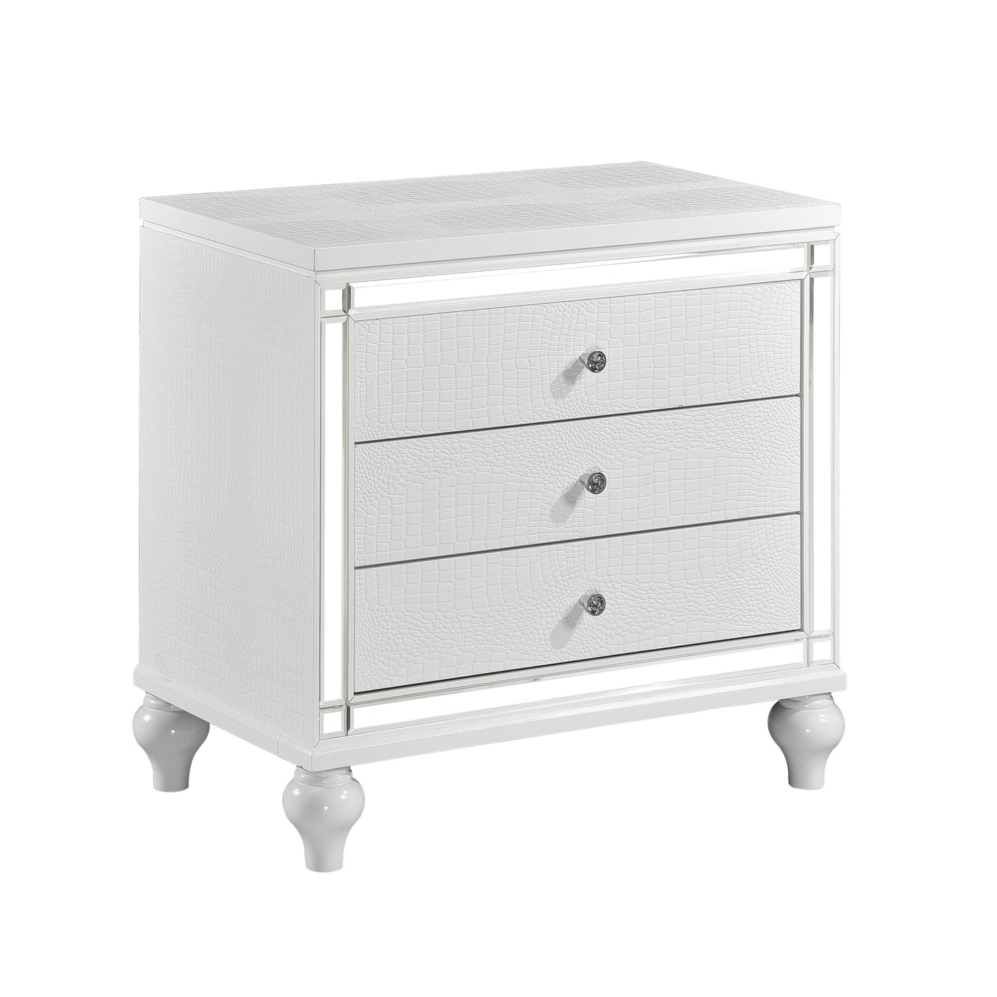 Glamorous Metallic White Finish 1pc Nightstand of 3x Drawers Faux Alligator Embossed Front Modern Bed Side Table