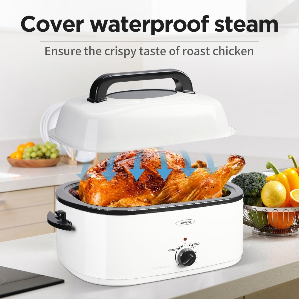 White Stainless Steel Electric Turkey Roaster with Temperature Control and See-through Lid