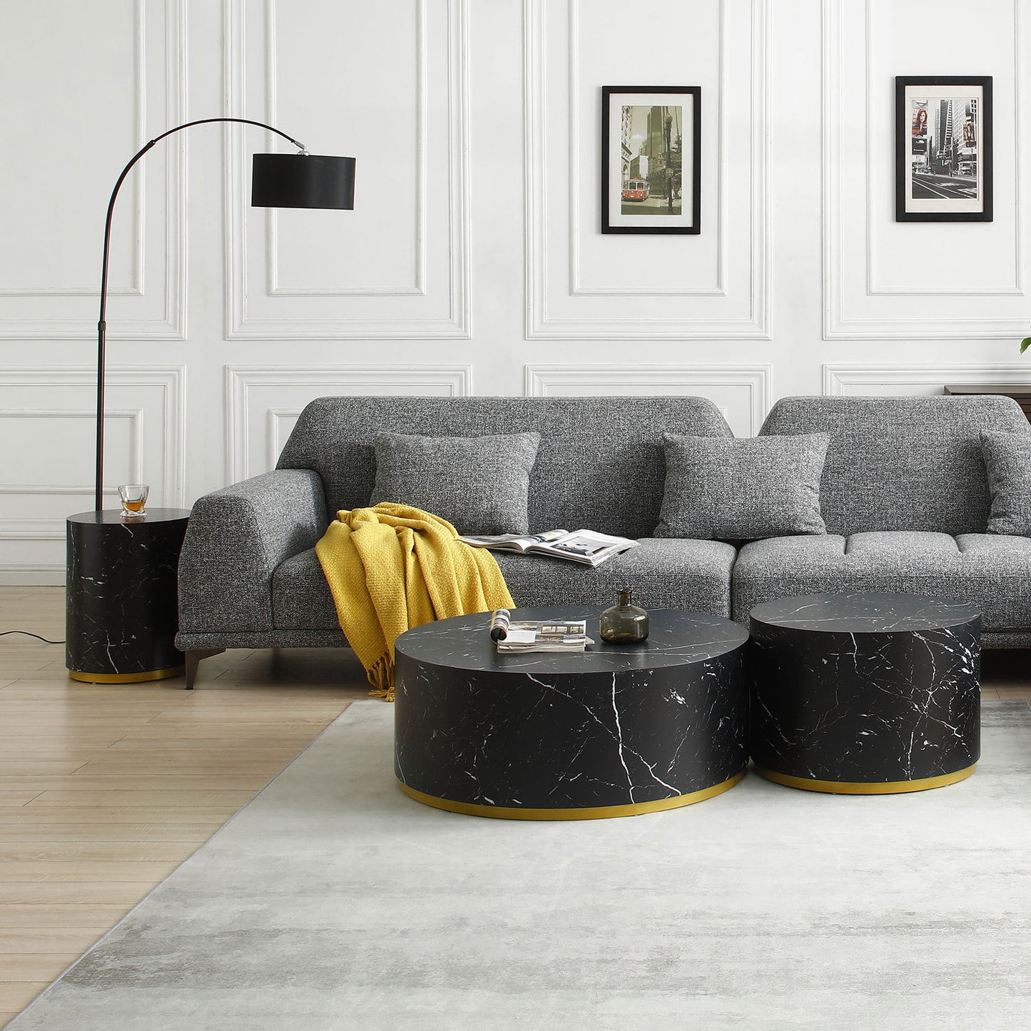 Contemporary Black Marble Pattern 3-Piece Round Coffee Table Set for Stylish Living Rooms