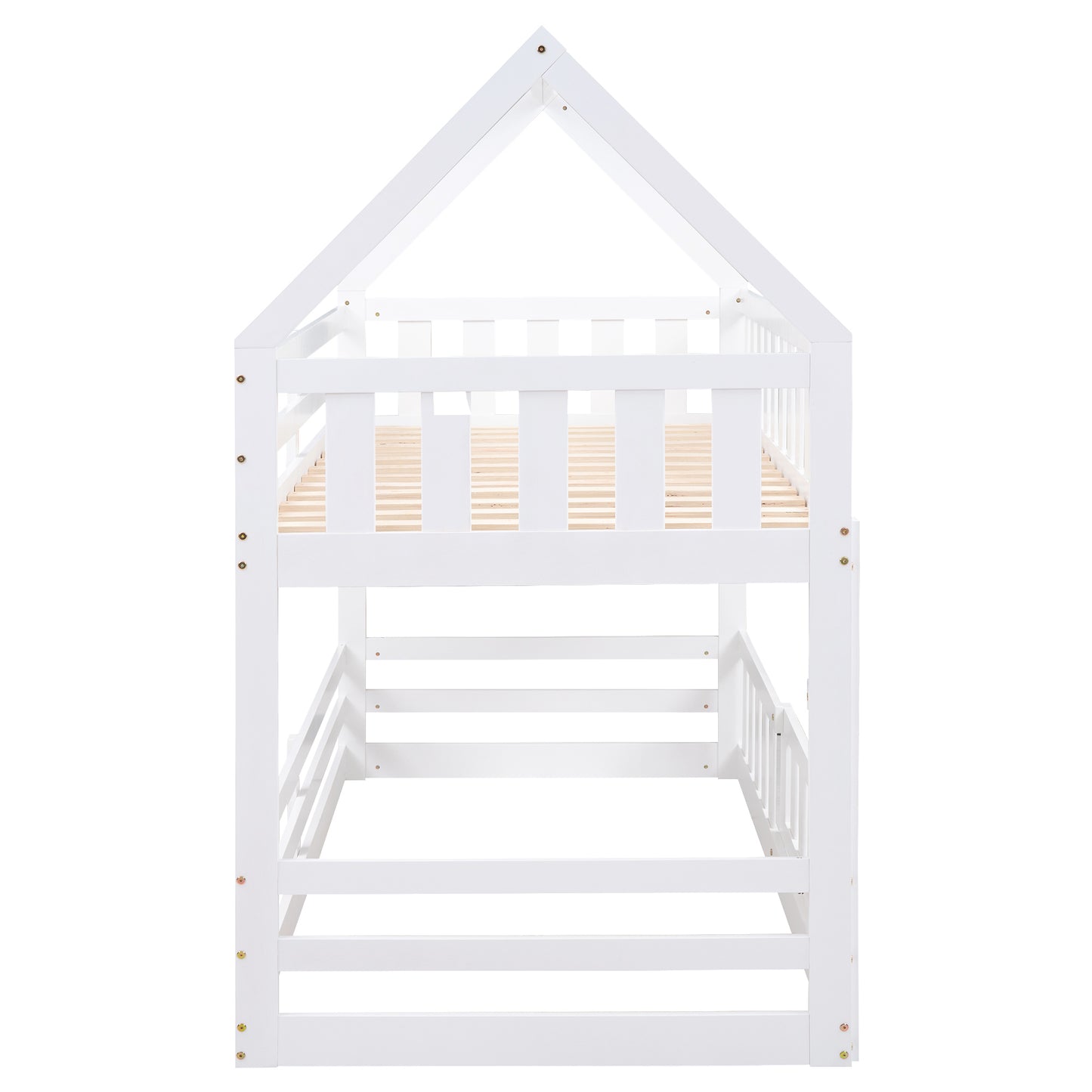 Enchanted White Twin over Twin House Bunk Bed with Playful Fence and Entryway