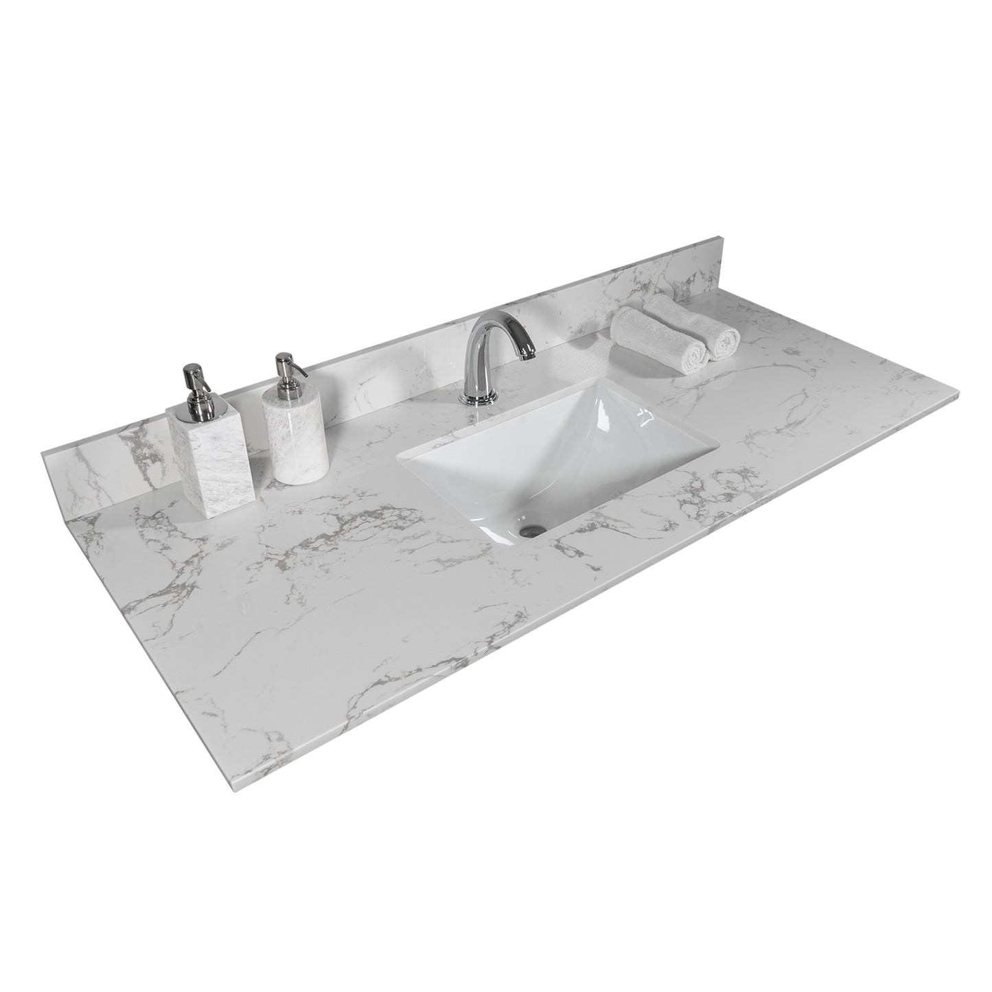 Montary 43x22 inch bathroom stone vanity top  engineered stone carrara white marble color with rectangle undermount ceramic sink and  single faucet hole with back splash .