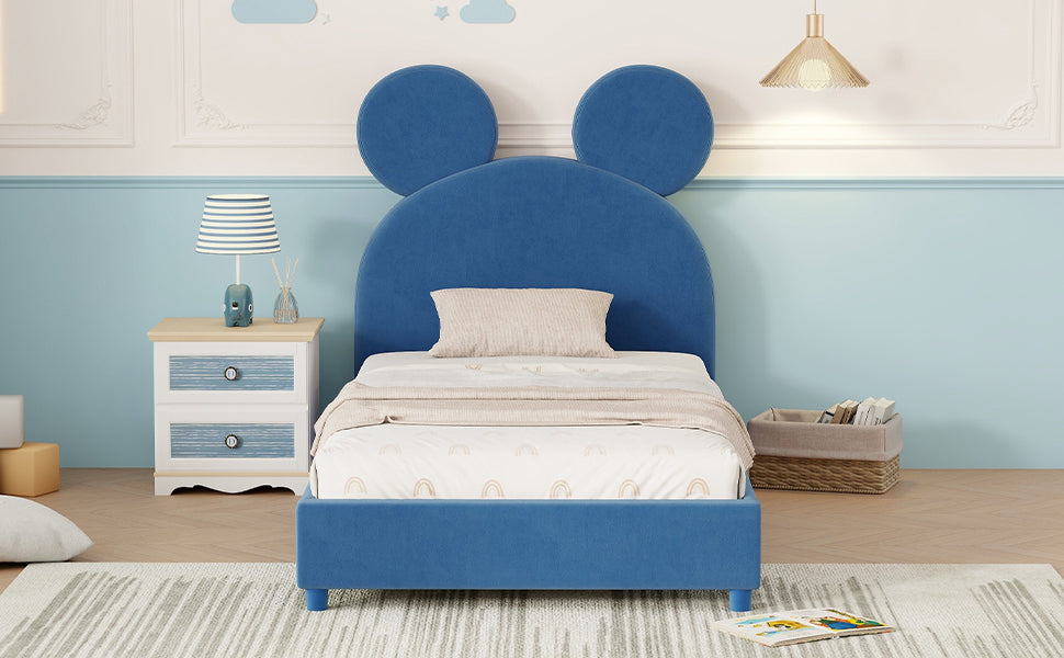 Twin Size Upholstered Platform Bed with Bear Ear Shaped Headboard, Blue