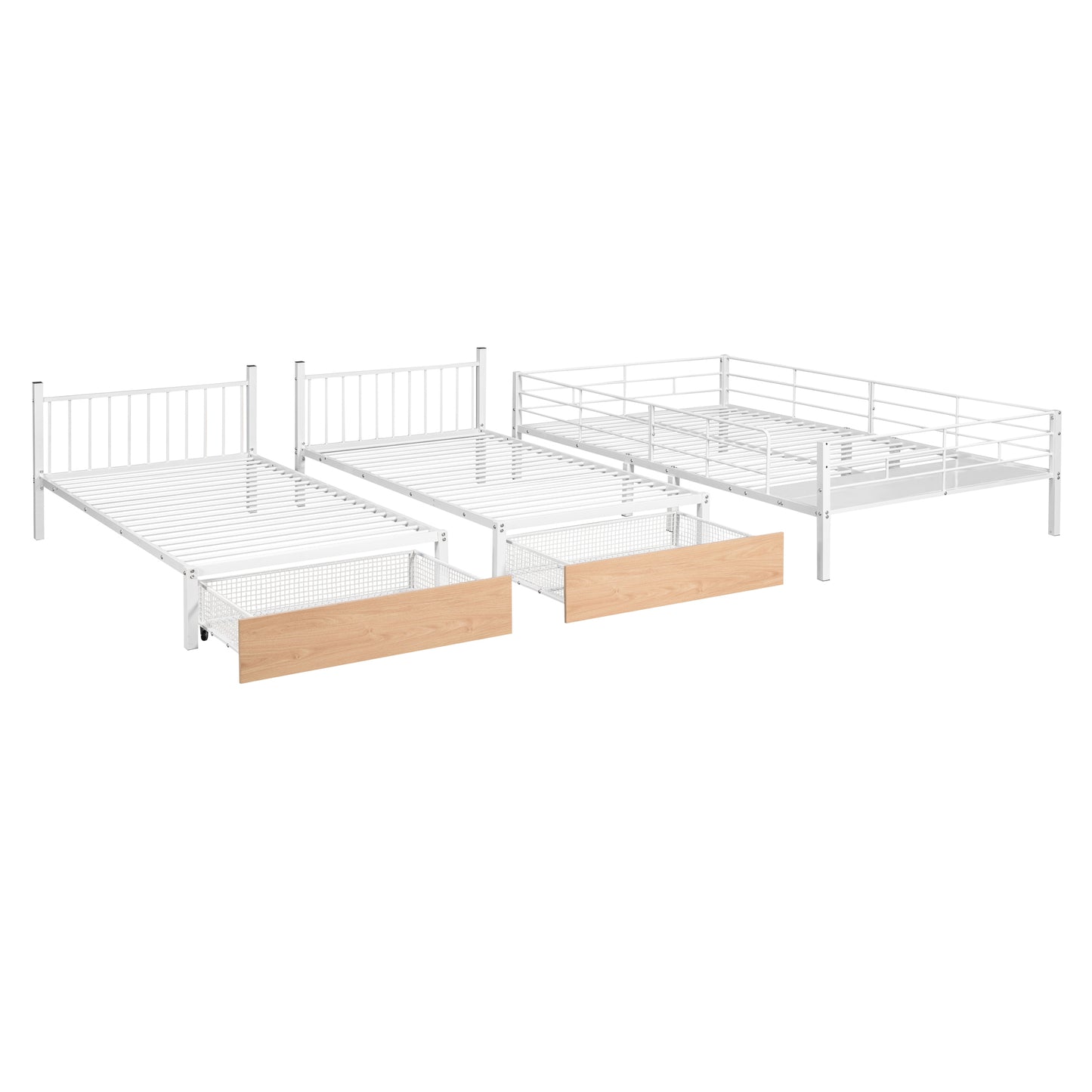 Triple Bunk Bed with Storage Drawers and Guardrails, Full Bed Over Twin & Twin