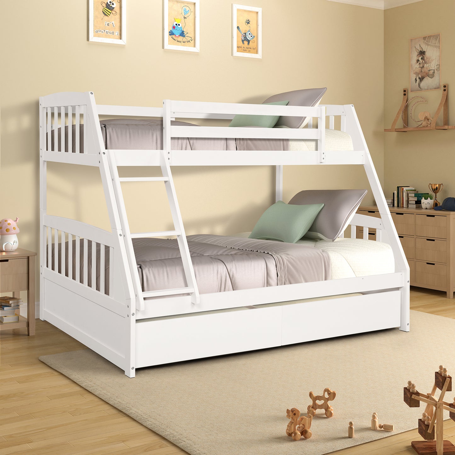 Solid Wood White Twin Over Full Bunk Bed with Two Storage Drawers