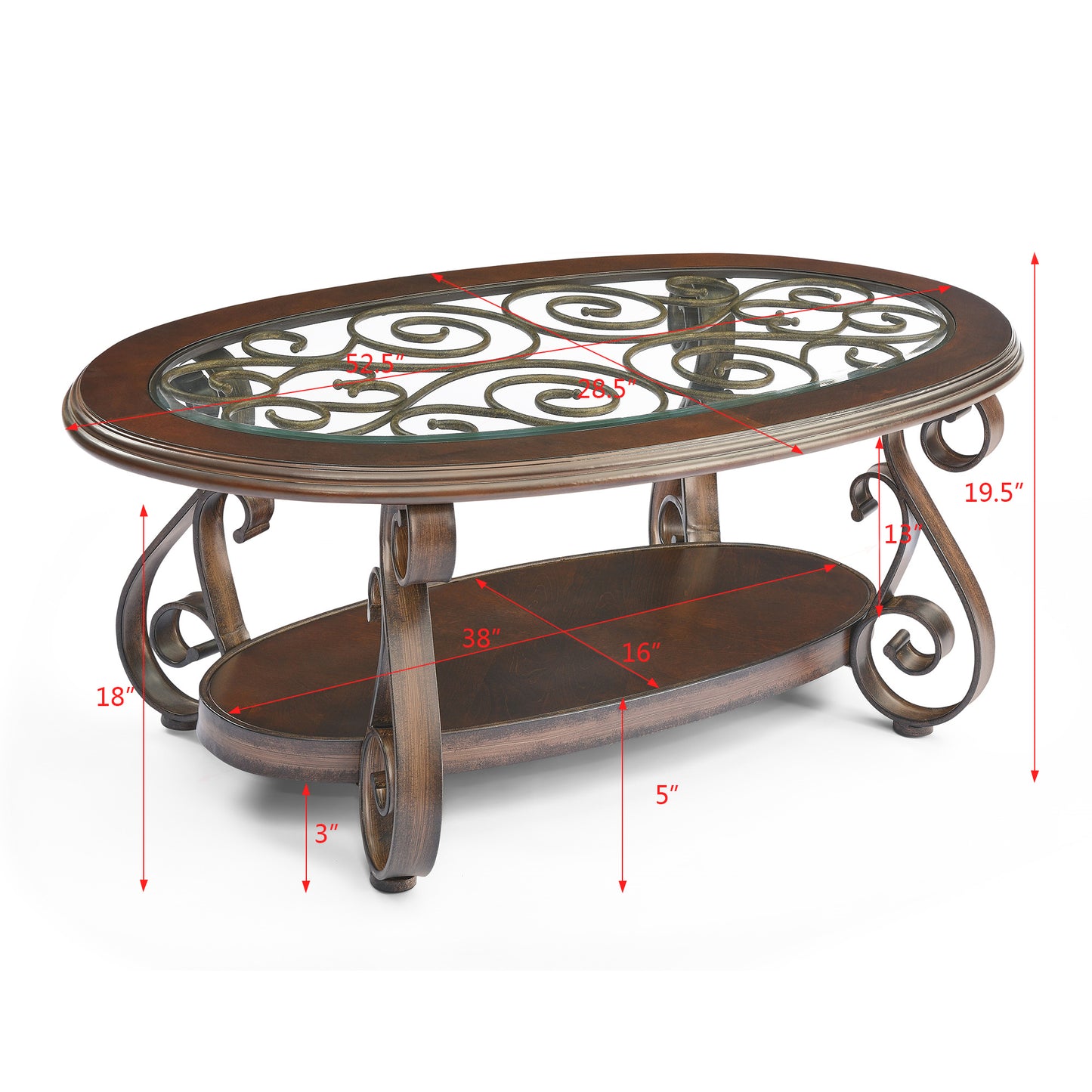 Elegant Dark Brown Coffee Table with Glass Top and Metal Legs (52.5X28.5X19.5)