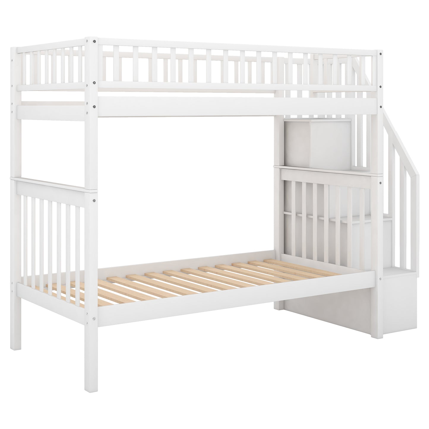 White Twin Bunk Bed with Trundle, Storage, and Convertible Design