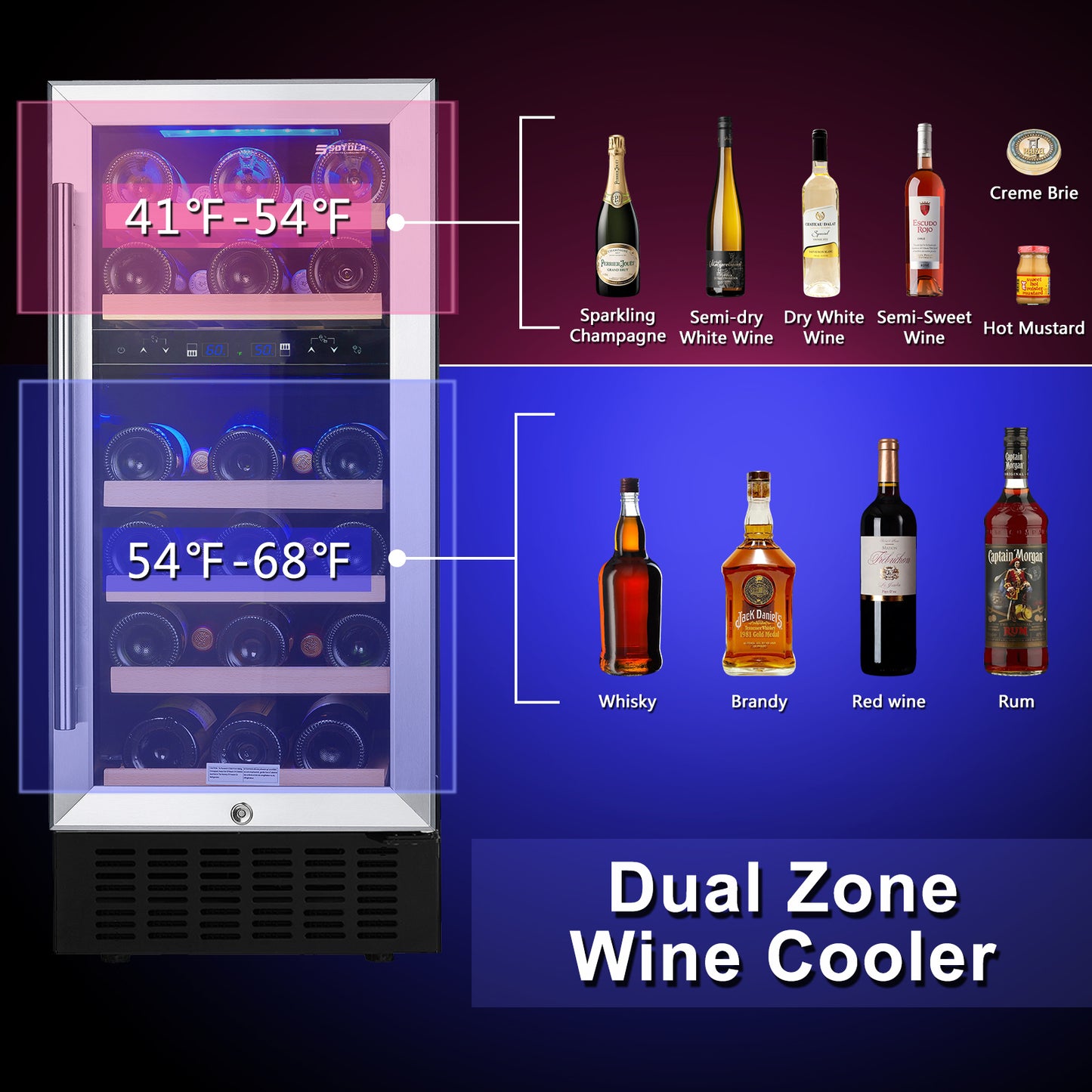 SOTOLA 15-Inch Dual Zone Wine Cooler Refrigerator with 28 Bottle Capacity