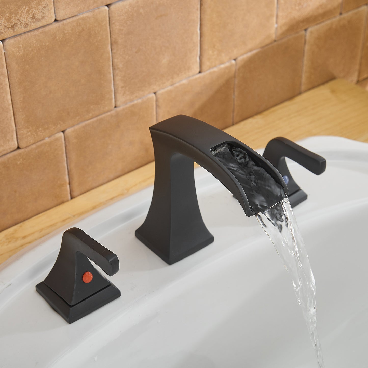 Matte Black Waterfall Bathroom Sink Faucet with 2 Handles and 8 in. Width