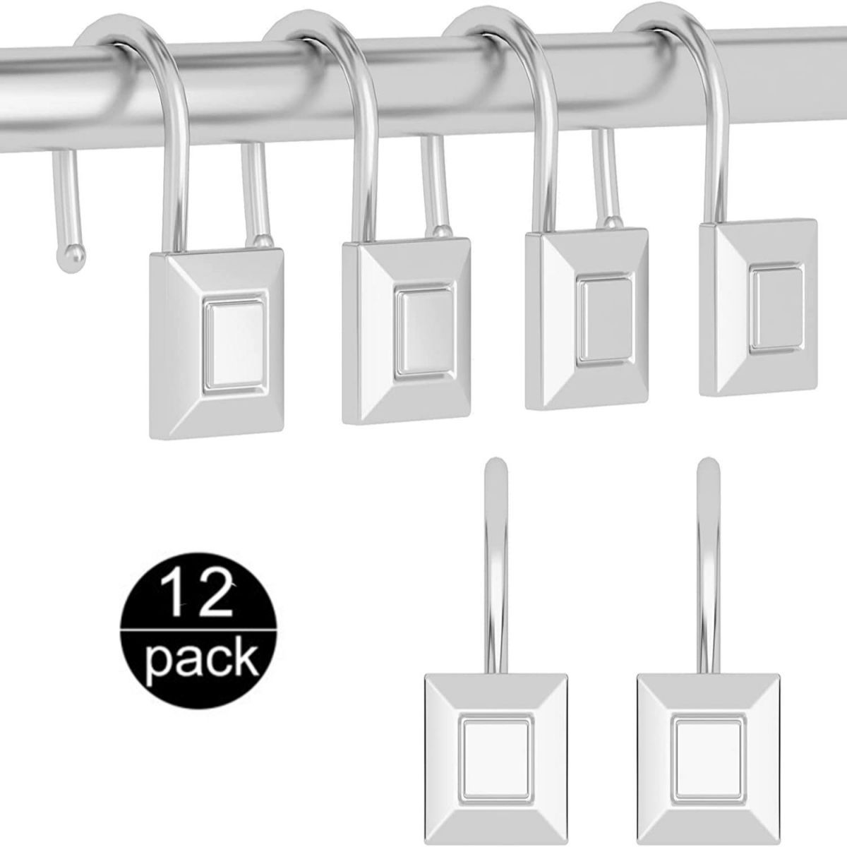 Elegant Set of 12 Silver Zinc Alloy Shower Curtain Hooks