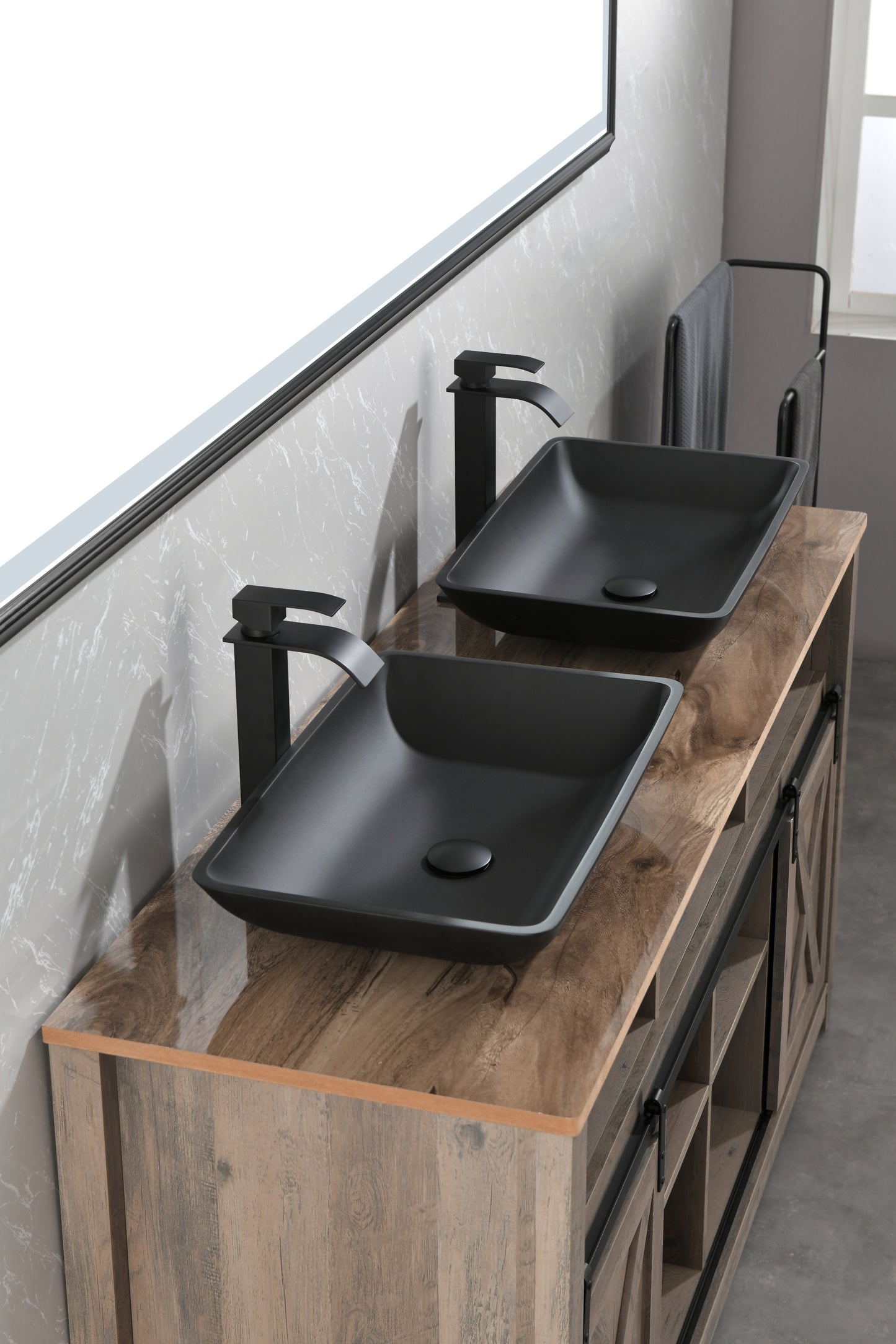 Black Matte Glass Rectangular Vessel Bathroom Sink Set with Faucet and Pop-Up Drain