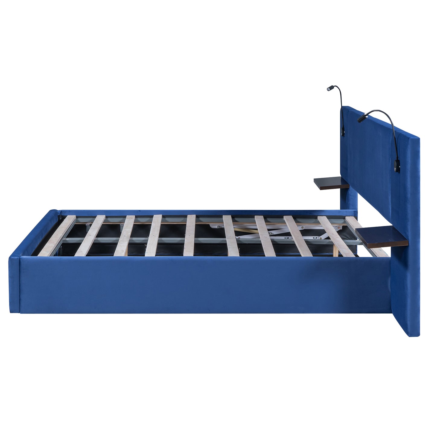 Queen Size Storage Upholstered Hydraulic Platform Bed with 2 Shelves, 2 Lights and USB, Blue