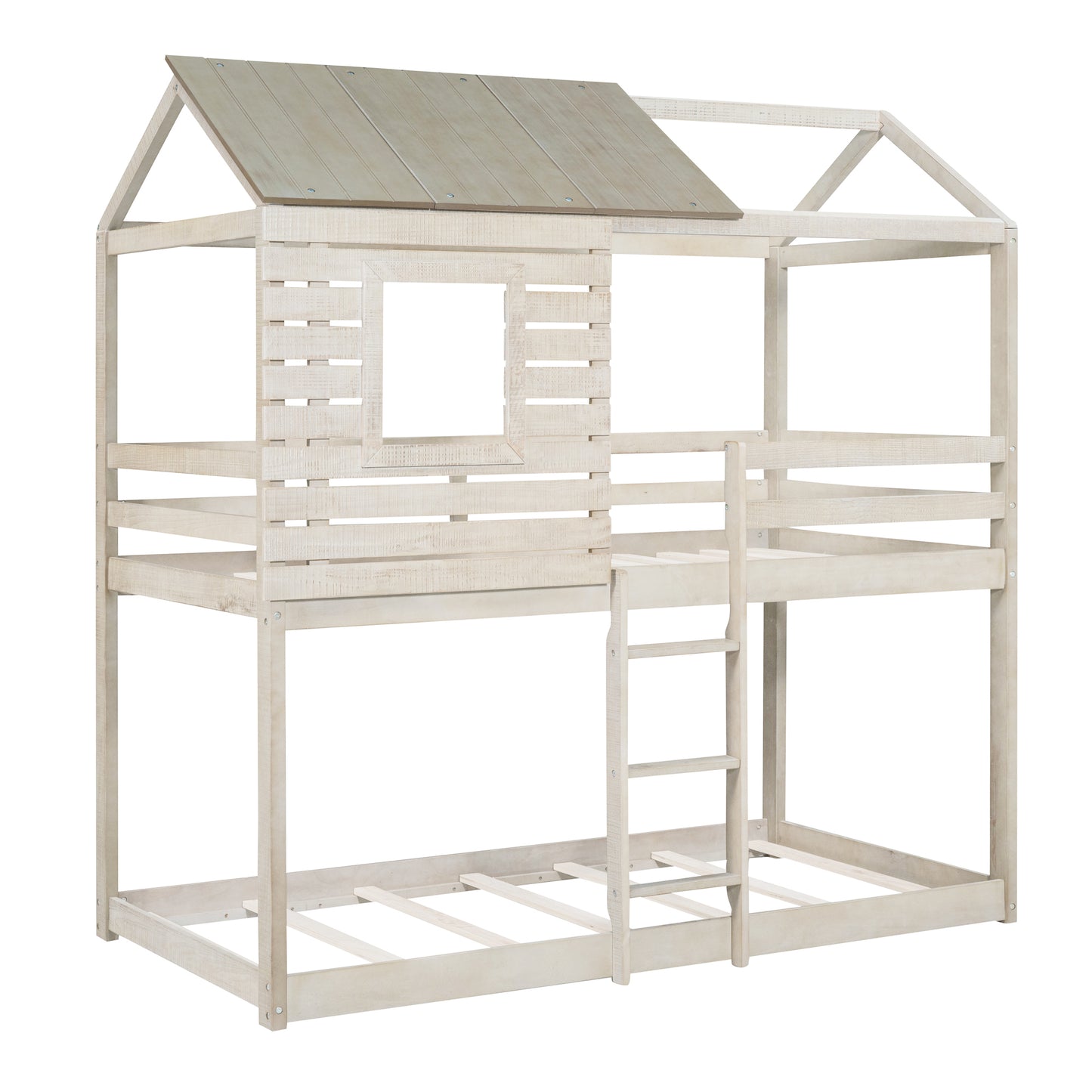 Roofed Wooden Playhouse-Inspired Twin Over Twin Bunk Bed with Window and Guardrail (Antique White)