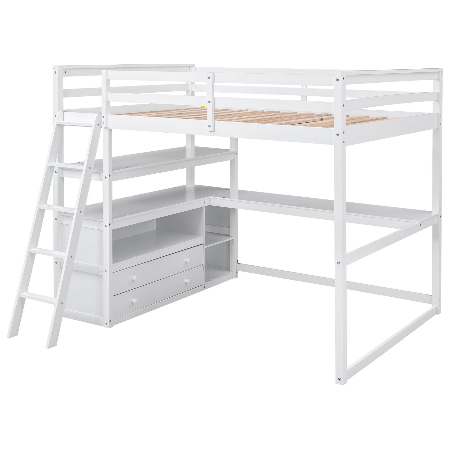 Full Size Loft Bed with Desk and Shelves,Two Built-in Drawers,White(: SM000416AAK)