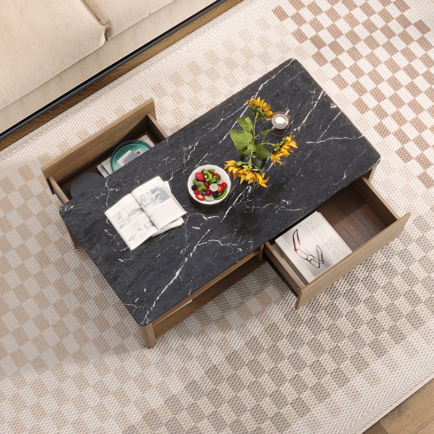 Modern Retro Coffee Table with Storage Drawers in Tobacco Wood and Marble Texture