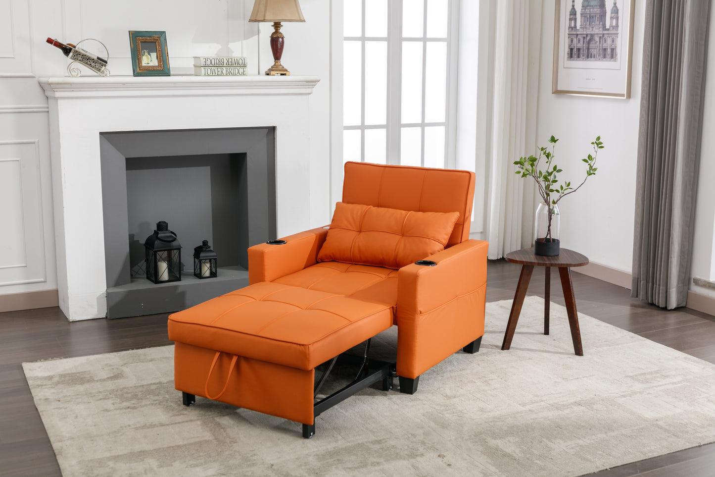 Futon Chair Bed Convertible Chair 3-in-1 Pull Out Sleeper Chair Beds with USB Ports,Wear-resistant and Anti-scratch,  Armchair Bed Sleeper for Living Room (Orange Leather)