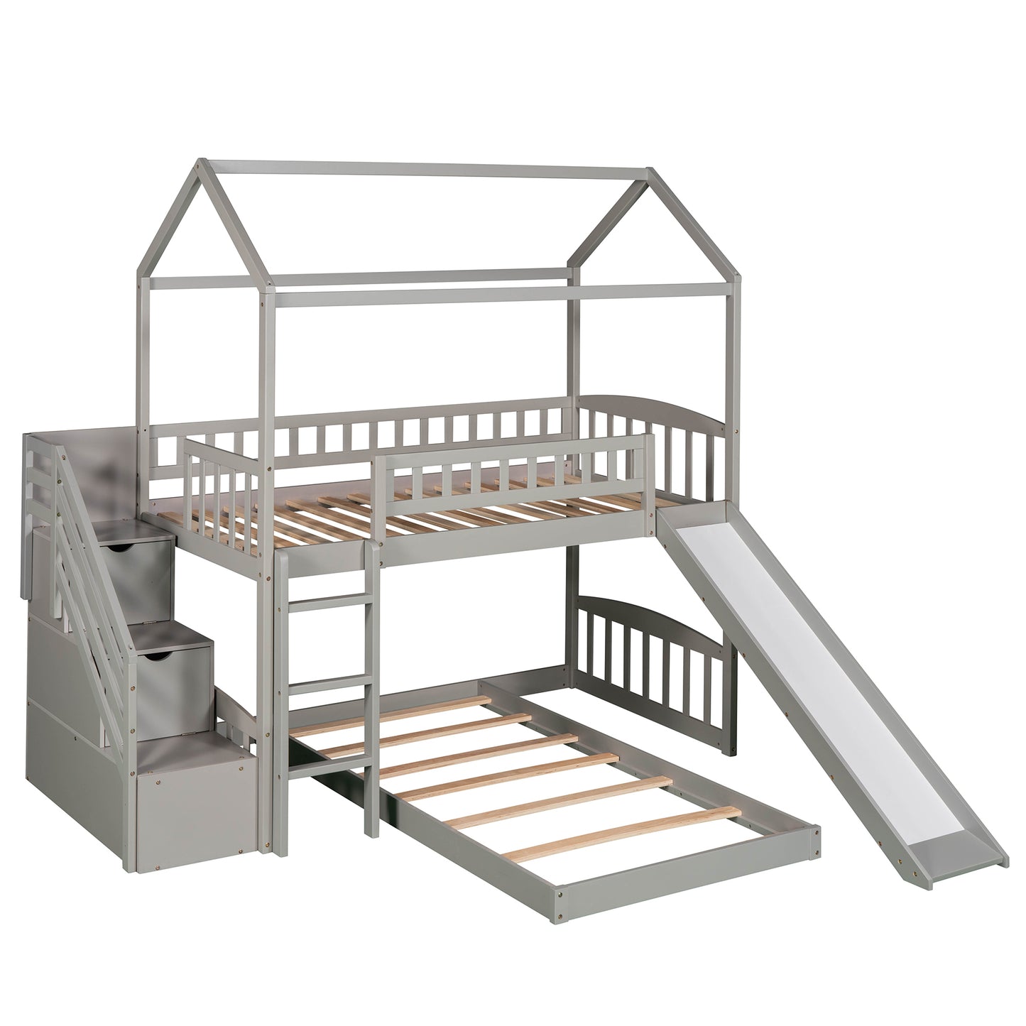 White House Design Twin Over Twin Bunk Bed with Slide and Storage Steps