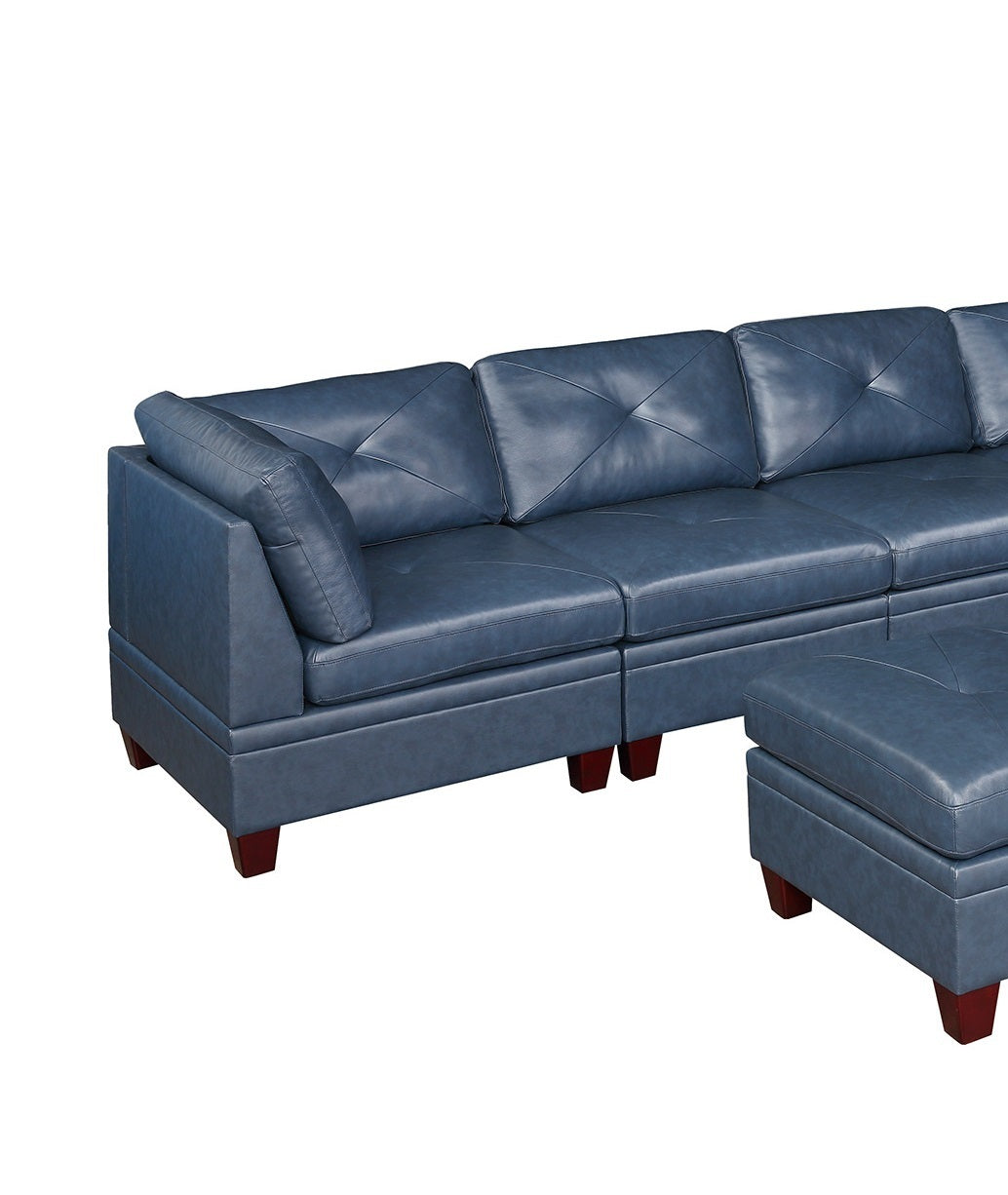 Luxurious Ink Blue Leather Modular 7pc Sofa Set with Ottoman