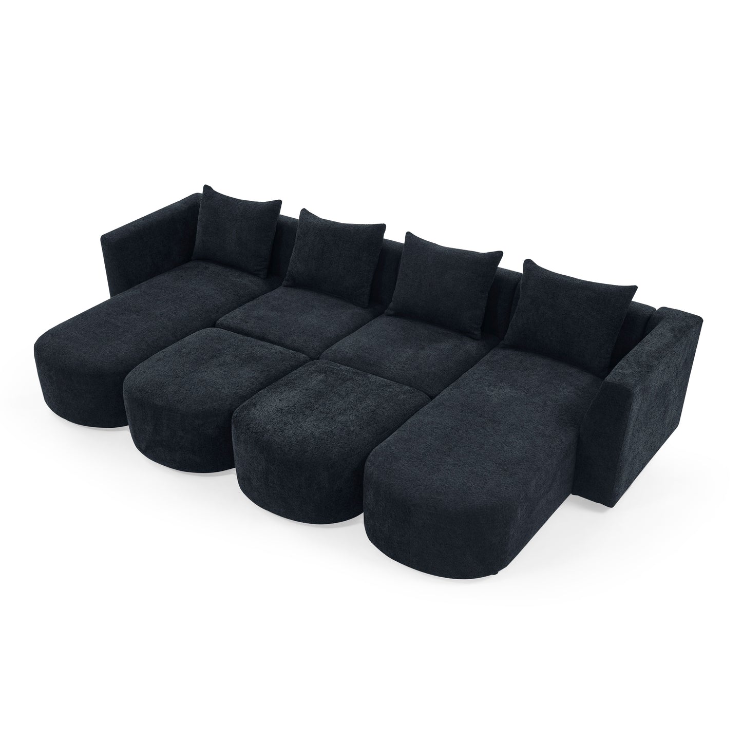 U Shape Sectional Sofa including Two Single Seat, Two Chaises and Two Ottomans, Modular Sofa, DIY Combination, Loop Yarn Fabric, Black