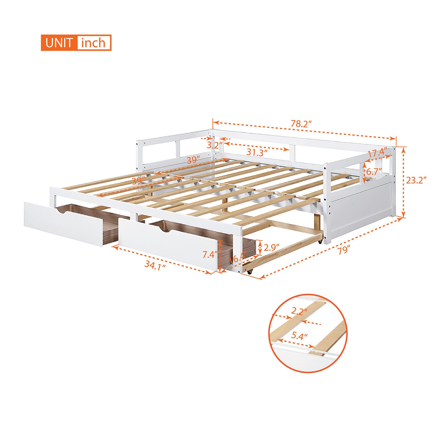 Wooden Daybed with Trundle Bed and Two Storage Drawers , Extendable Bed Daybed,Sofa Bed for Bedroom Living Room,White